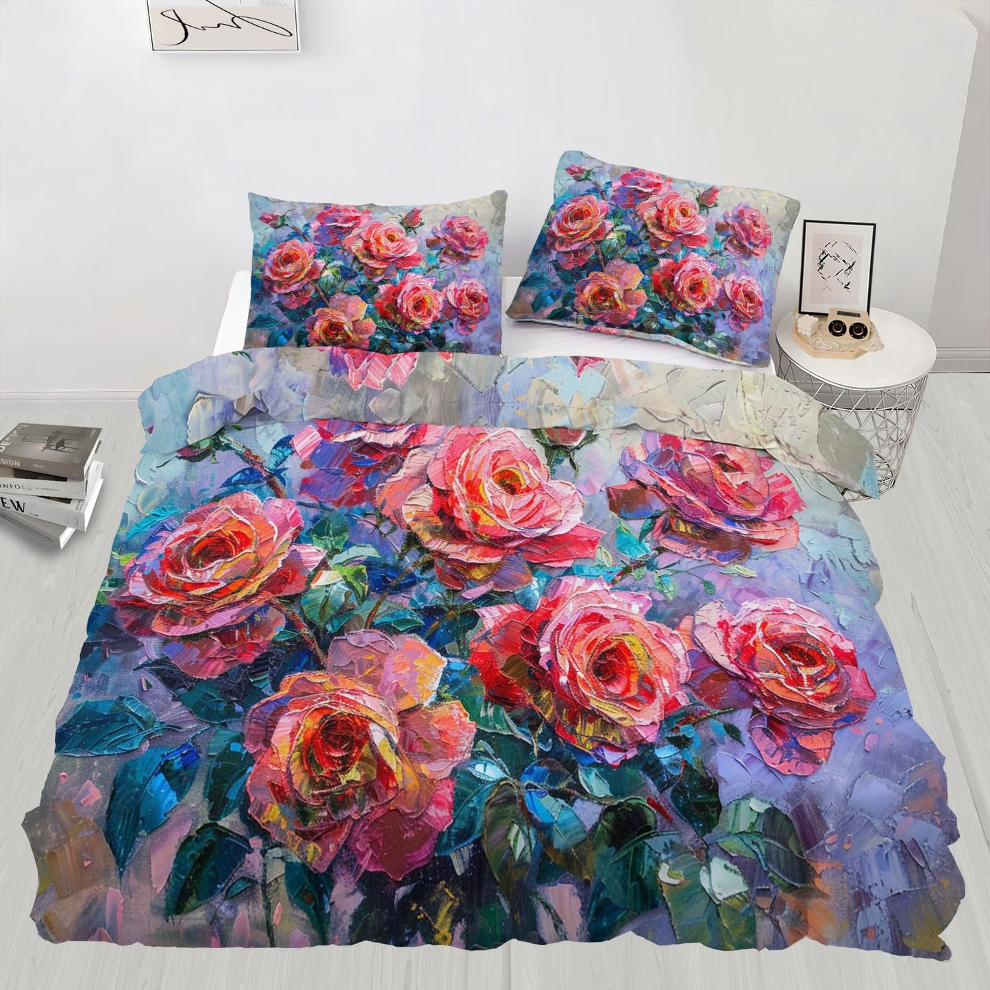 QINYUN Rose Flowers Comforter Set Oversized King, Vibrant Floral Bedding Set 3 Piece, Red Rose Blooming Duvet Cover with Zipper & Ties, 2 Pillowcases
