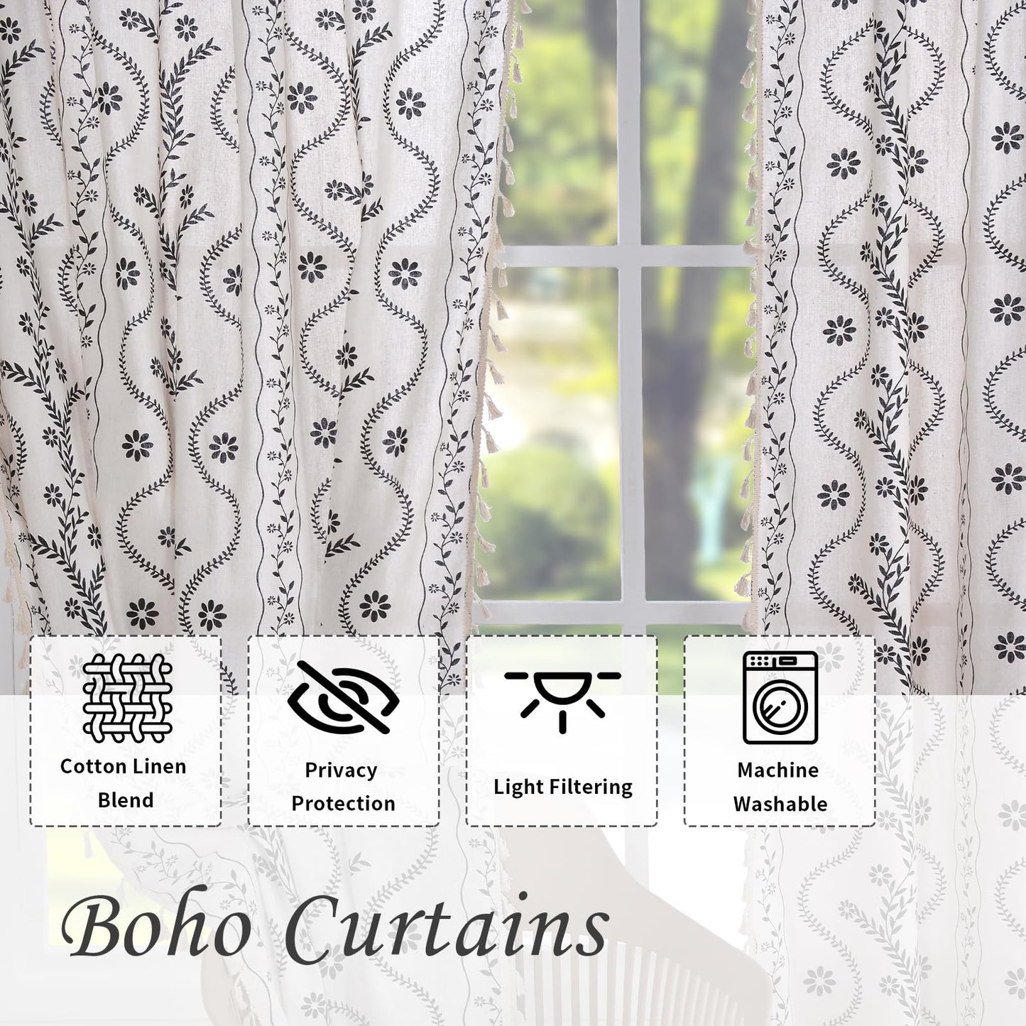 Boho Curtains 2 Panels Set, Farmhouse Linen Semi Sheer Floral Curtains for Living Room, 84 Inches Long Vintage Printed Patterned Curtain with Tassels Rustic Country Curtain Drapes