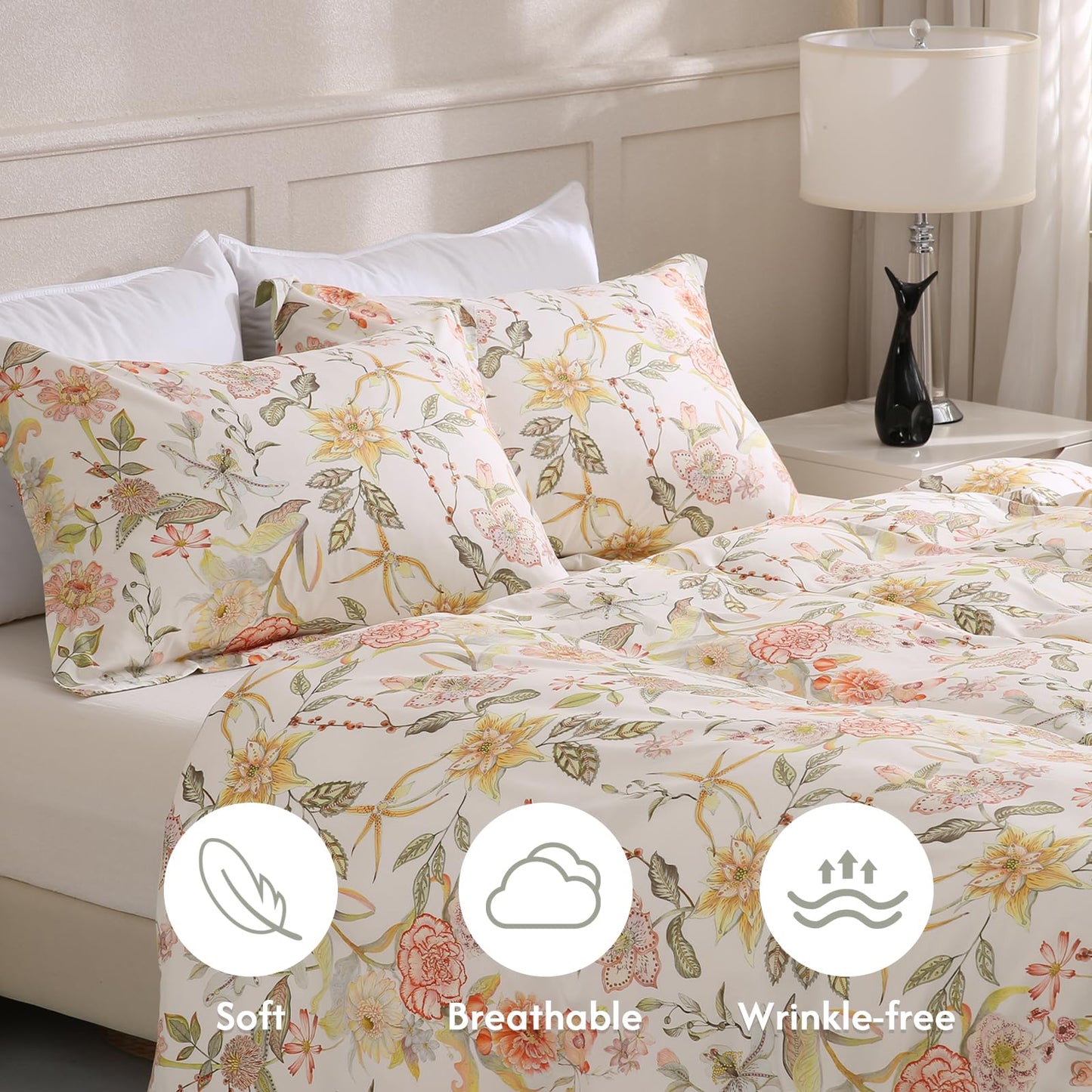 LONAVA Queen Floral 3 Pcs Duvet Cover Set, Breathable Soft Microfiber Glass Green Lining Comforter Cover with Zipper Closure, and 2 Anti-Pilling, Fade Resistant Pillowcases, Fall Floral