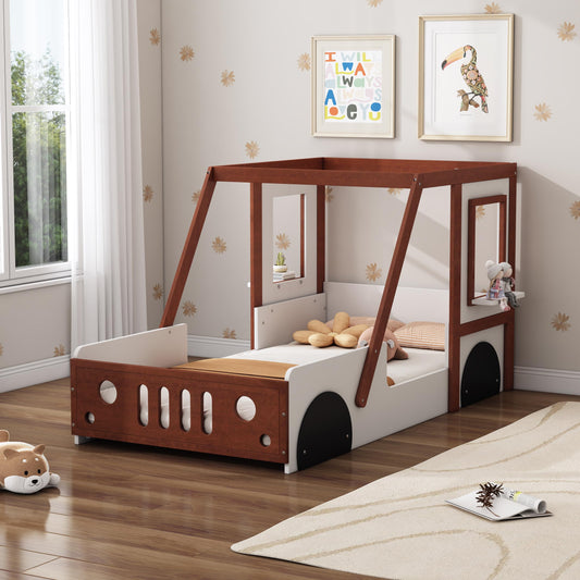 Harper & Bright Designs Twin Size Car Bed Frame for Kids, Wood Montessori Floor Bed, Twin Platform Bed with Wheels & Door Design, Fun Play Twin Bed for Boys Girls Kids Bedroom, White and Orange