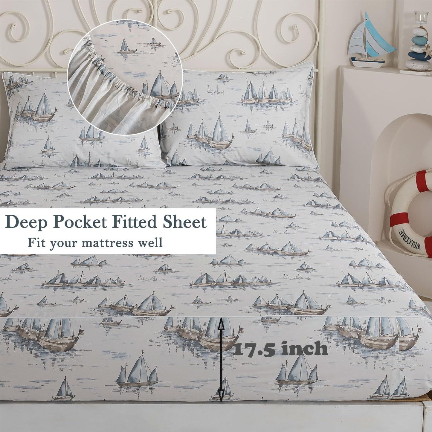 FADFAY Premium 100% Cotton Sheet Set Queen – Coastal Nautical Sailboat Bedding, Soft Gray Seaside Harbor Print, Soft Breathable Cooling Bed Sheets, Deep Pocket Luxury Coastal Bedding 4 Piece