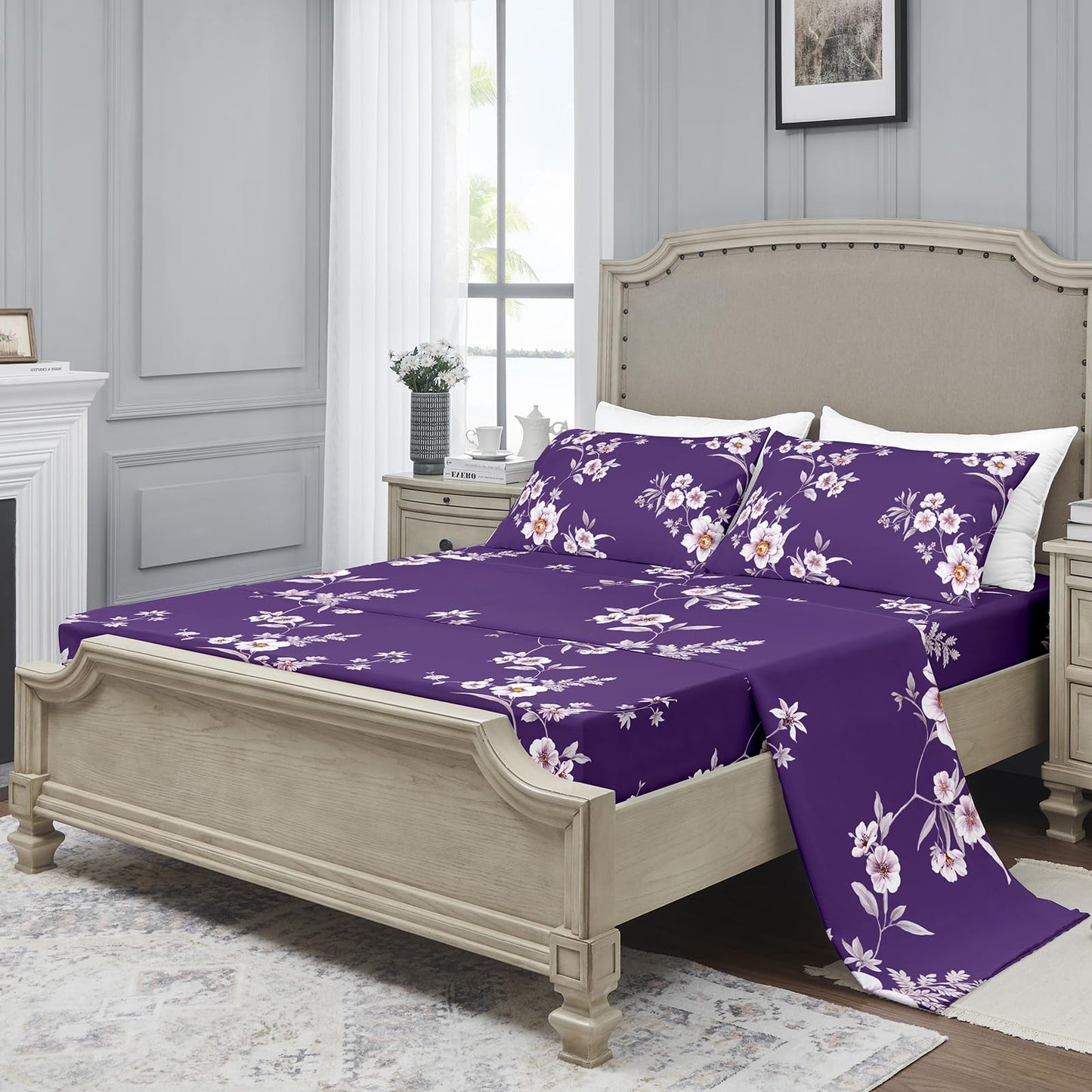 YIYEA Floral Sheets Full Size, Premium Double Brushed Microfiber Bed Sheet Set for All Season, Soft Breathable, 16" Deep Pocket, Shrinkage and Fade Resistant, 4PC, Full