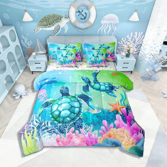 Sea Turtle Bed in a Bag Queen Comforter Set 7 Piece | Green Teal Blue Ocean Bedding Sets Colorful Underwater World Coral Starfish Comforter and Sheet Set, Nautical Sea Animal Reptile Bed Sets