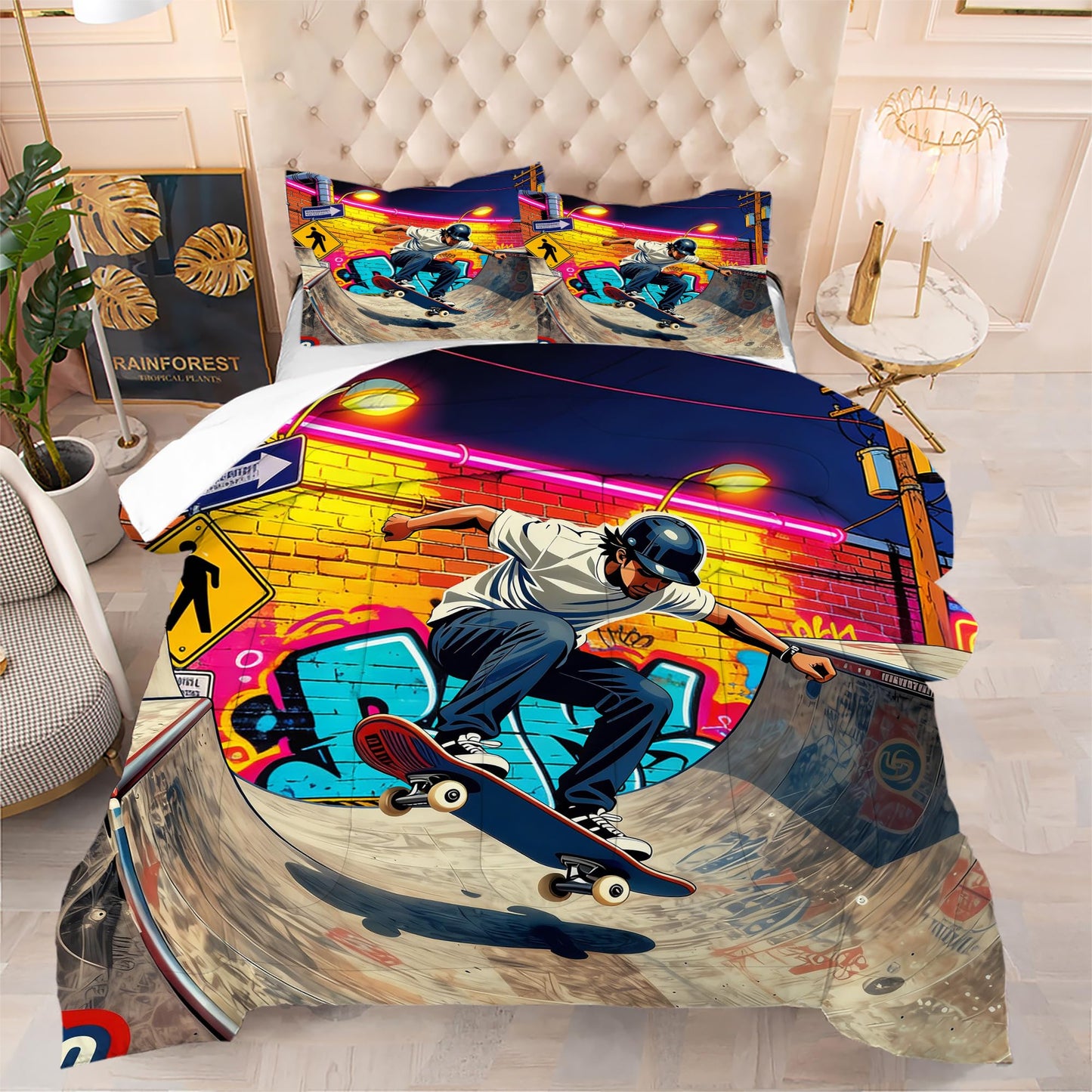 VTKON Skateboard Comforter Set for Teens Queen 3Pcs with 1 Comforter and 2 Pillowcases Cool Graffiti Bedding Set Boys Sports Themed Bed Sets Microfiber for All Season