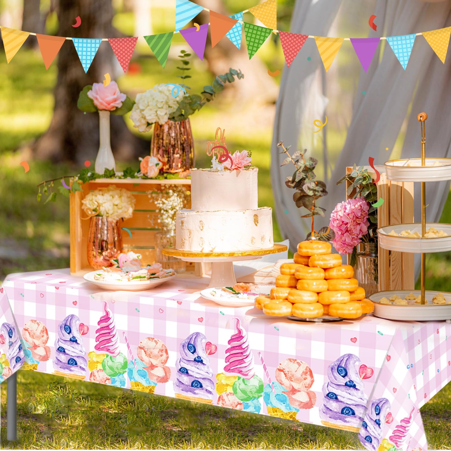CC HOME 1Pc Ice Cream Cake Party Plastic Tablecloth 54 x 87 Inch Summer Sweet Ice Cream Long Rectangular Table Cover for Buffet Ice Cream Party Holiday Dinner Picnic Tablecloth for Kitchen Event Use