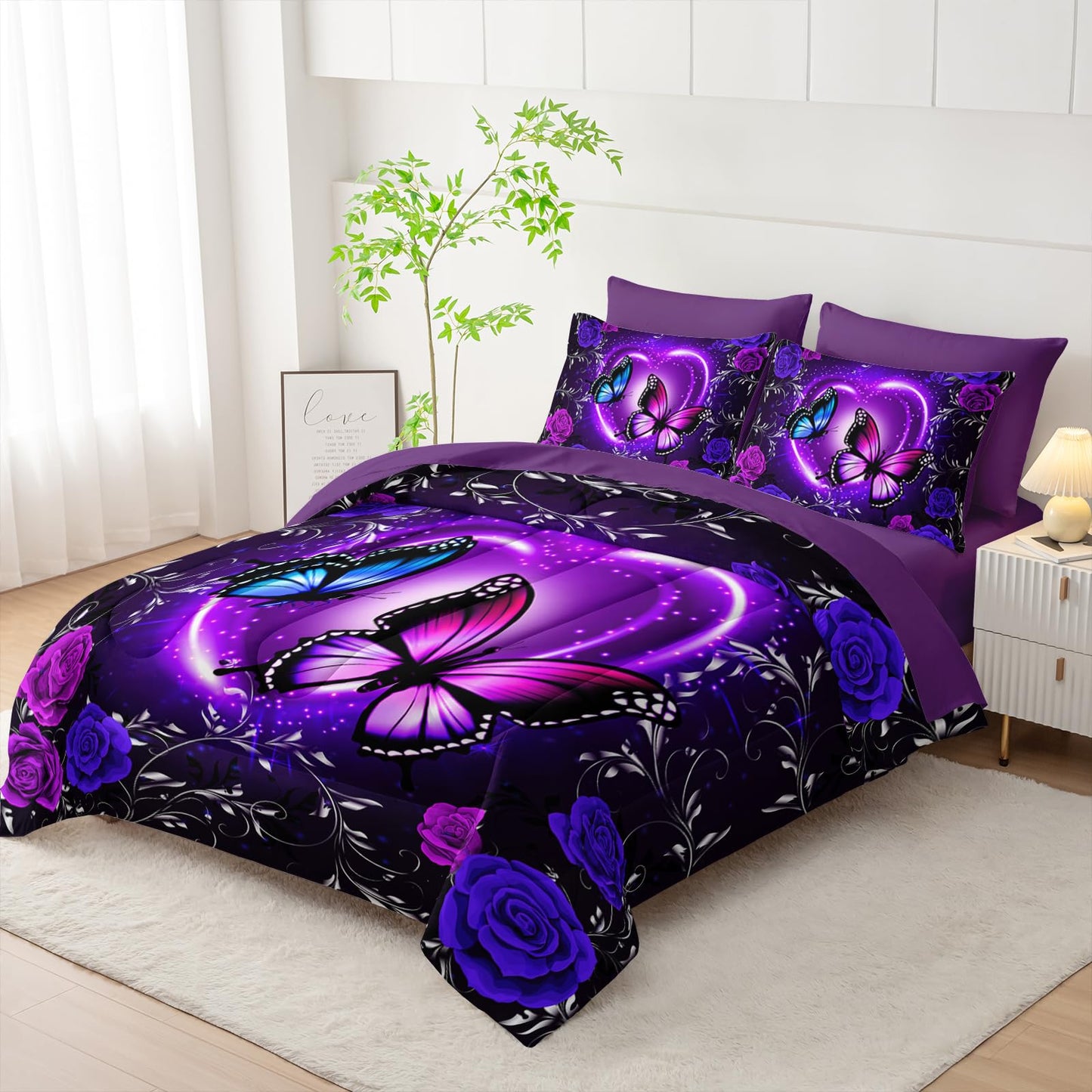 Tuzaovy Purple Butterfly Comforter Set 7 Piece Queen Size Bed in A Bag,Dreamy Butterfly Bedding for Girls Room Decor,Soft Microfiber Comforter with Fitted Sheet,Flat Sheet, Pillowcases & Shams