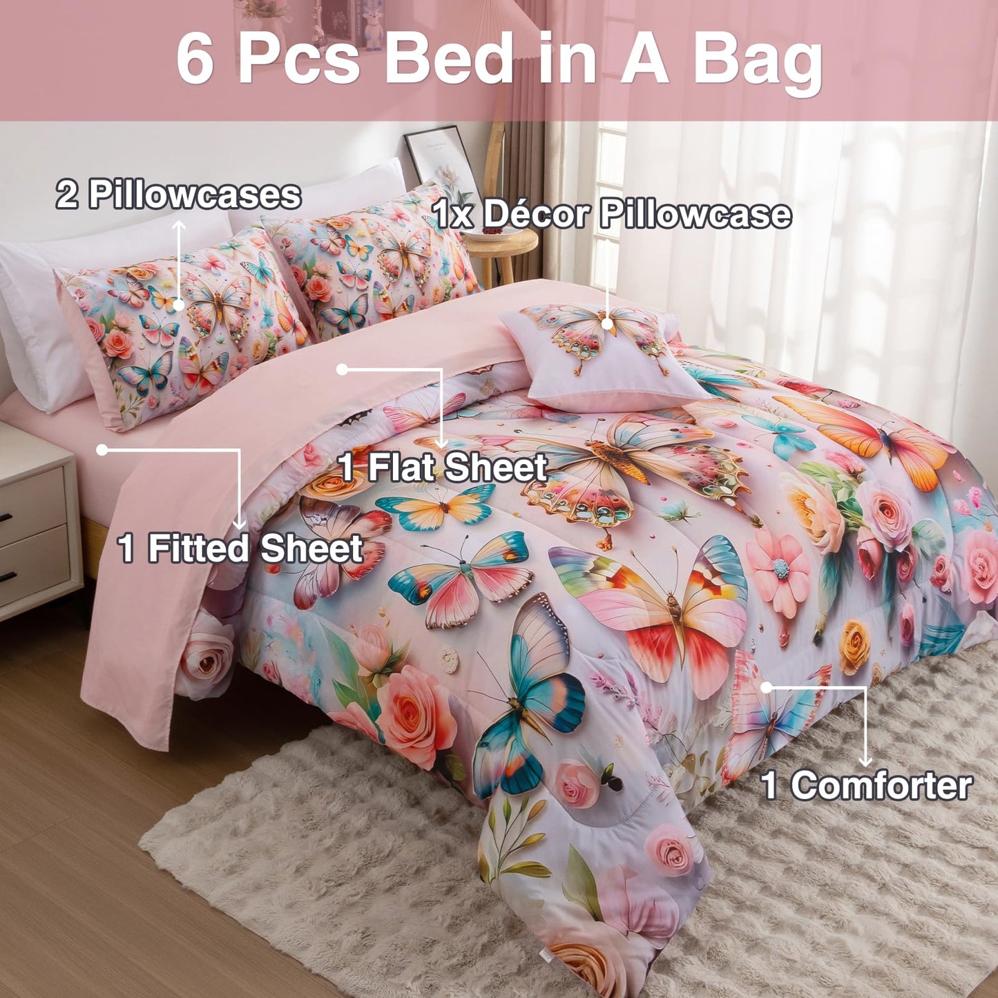A Nice Night 6pcs Bed in A Bag Pink and Blue Dreamy 3D Various Butterfly Printed, Colorful Butterflies Flying in Flower Design Bedding Full Comforter Set, for Girls Kids Teens