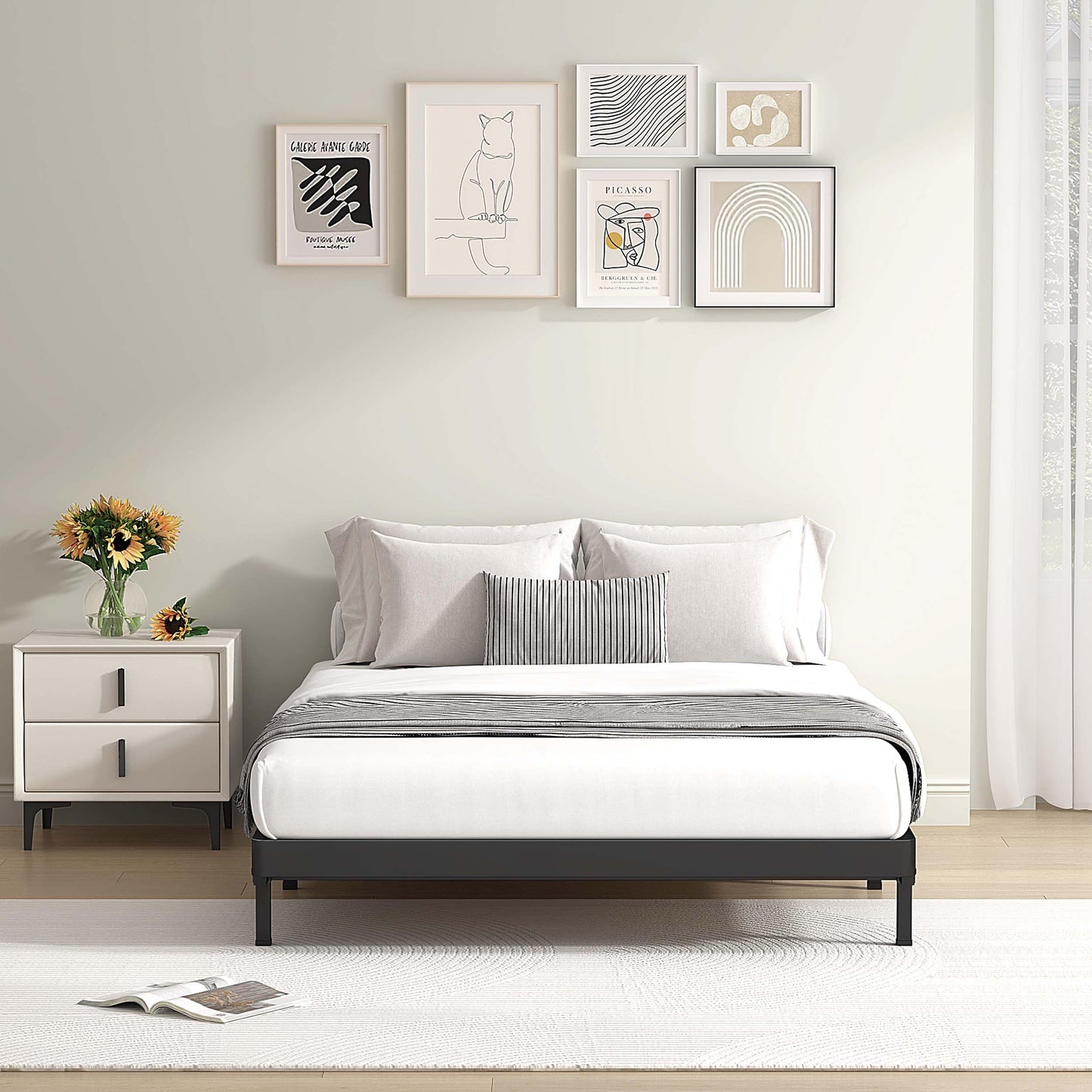 MAF 2 Inch Queen Box Spring with Round Corners, Low Profile Box Spring for Queen Bed, Bunkie Board with Wood Slats Bed Slat Replacement 3500 lbs Black Heavy Duty Mattress Foundation, Easy Assembly