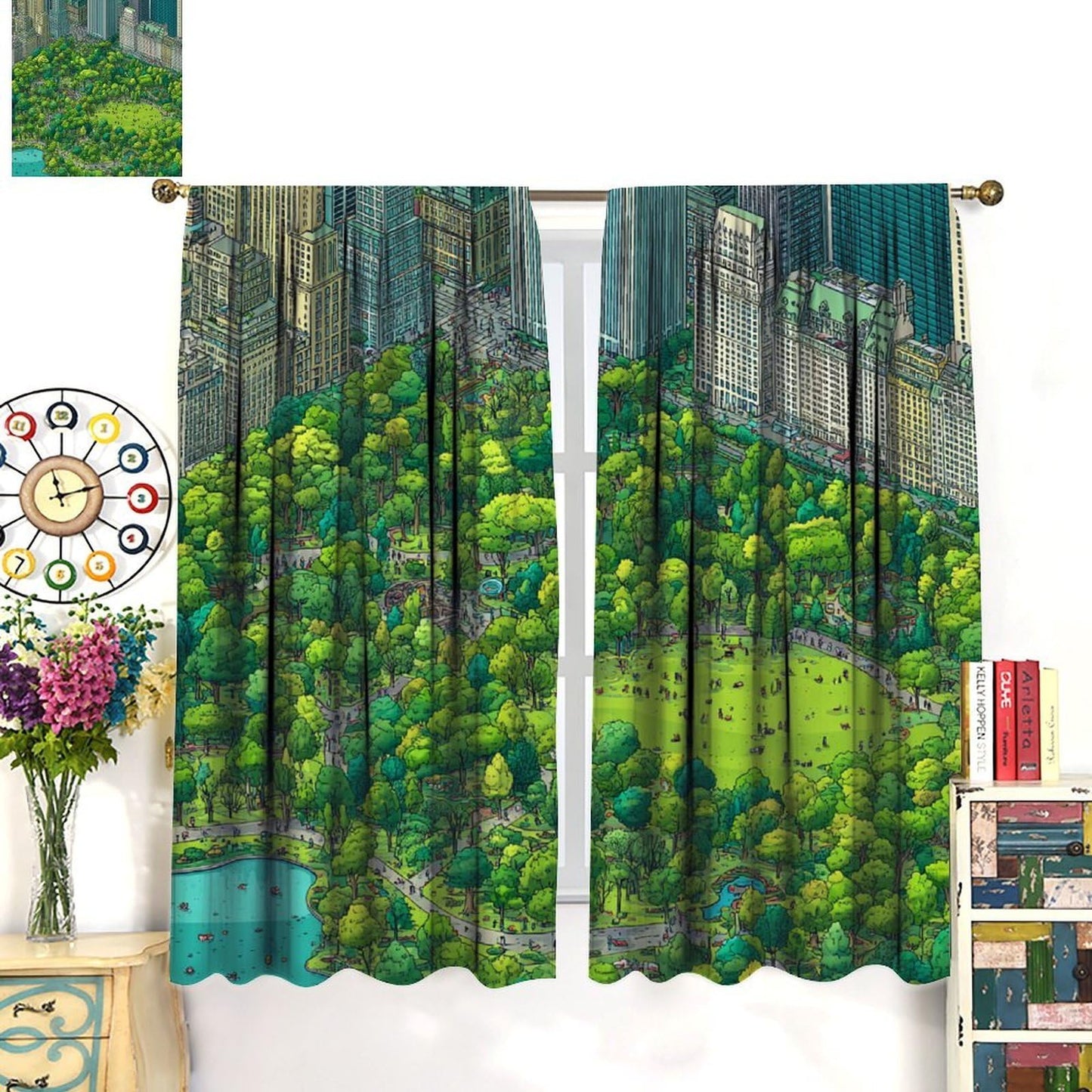 WDHTEXT Nature City Building Tree Blackout Curtains, Thermal Insulated Green River Rod Pocket Window Drapes for Living Room Bedroom Decor, 2 Panels, Each 21W x 45L