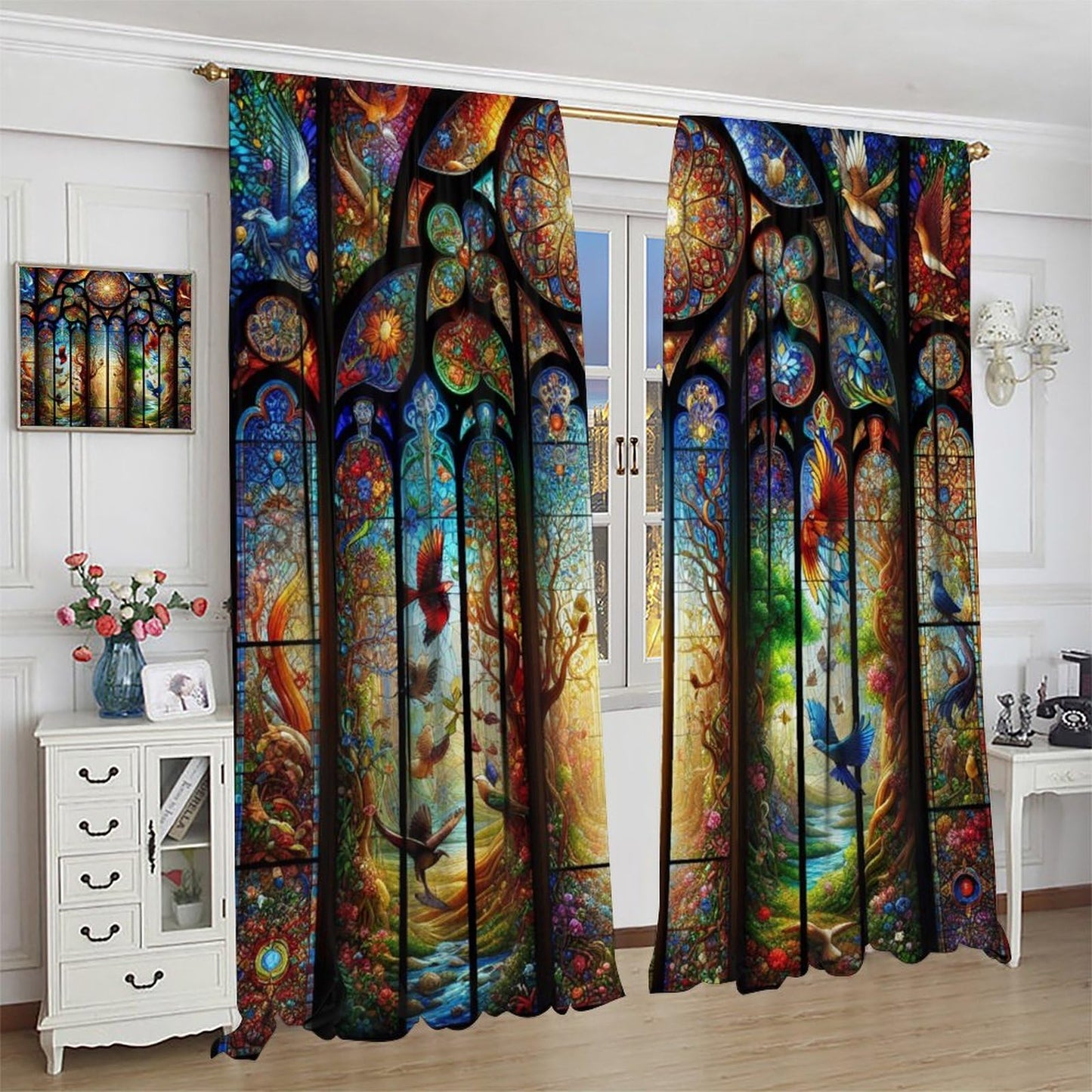 FengMingRui Fantasy Stained Glass Curtains Dream Forest Bird Geometric Patchwork Abstract Window Treatments for Kids Boys Girls Bedroom Living Room Window Drapes 42" W X 45" L