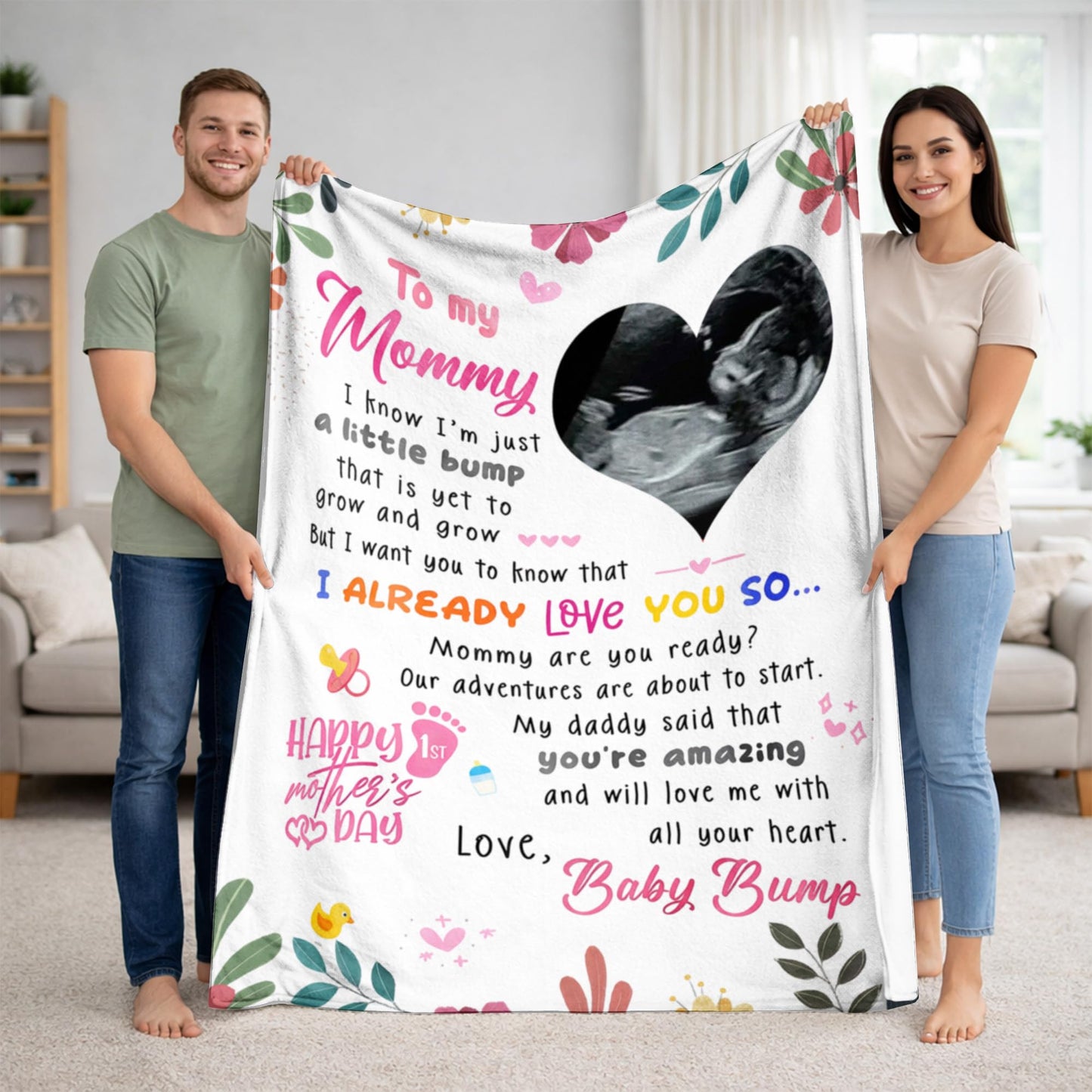 KiKiLuna Personalized Ultrasound Photo Heart Blanket, First for Pregnant Women, Pregnancy Announcement Flannel Throw, Baby Bump Message, 5 Color Background Options