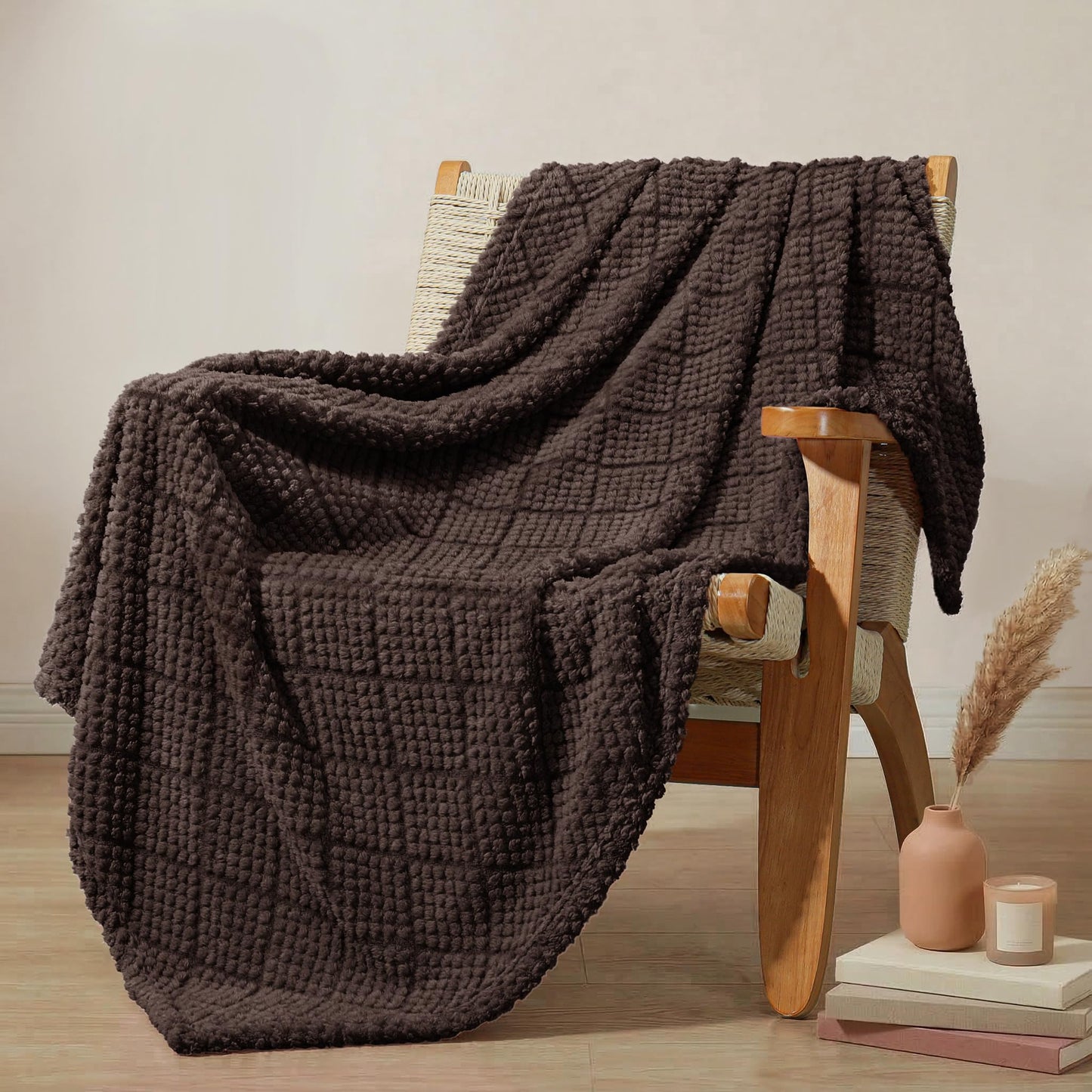 Whale Flotilla Fuzzy Fleece Throw Blanket for Couch, Bed, Soft Fluffy Jacquard Waffle Blankets for All Season, Lightweight and Cozy, 50x60 Inch, Coffee