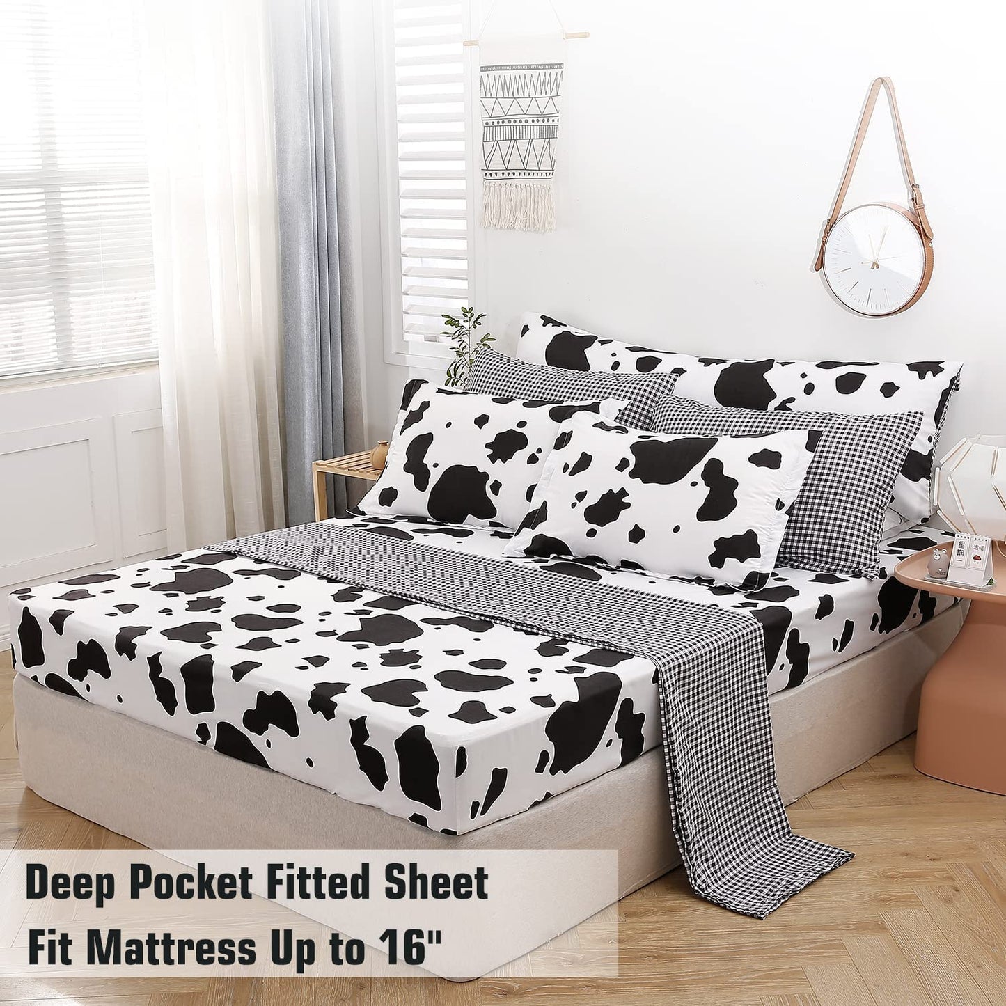 SUCSES Cow Print Full Size Comforter Sets, 8 Pieces Bed in A Bag Comforter Set with Sheets, Black and White Bedding Set for Kids Teens Boys Girls, Animal Print Cute Kid Full Size Bedding