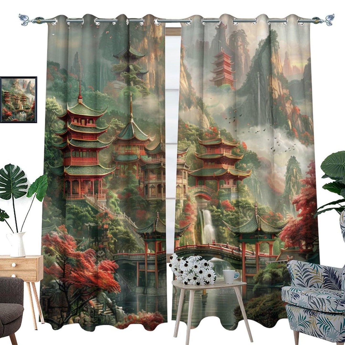 HDESDIS Fantasy Chinese Building Grommet Blackout Curtains for Bedroom, Mountain Waterfall Lake Forest Thermal Insulated Curtains Room Darkening Window Drapes, 21W x 45L, 2 Panels