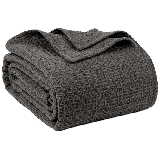 100% Cotton Blankets for Bed - Waffle Weave Blankets for Summer, Lightweight and Breathable Soft Woven Blanket for Spring (Dark Grey, Queen (90" x 90"))