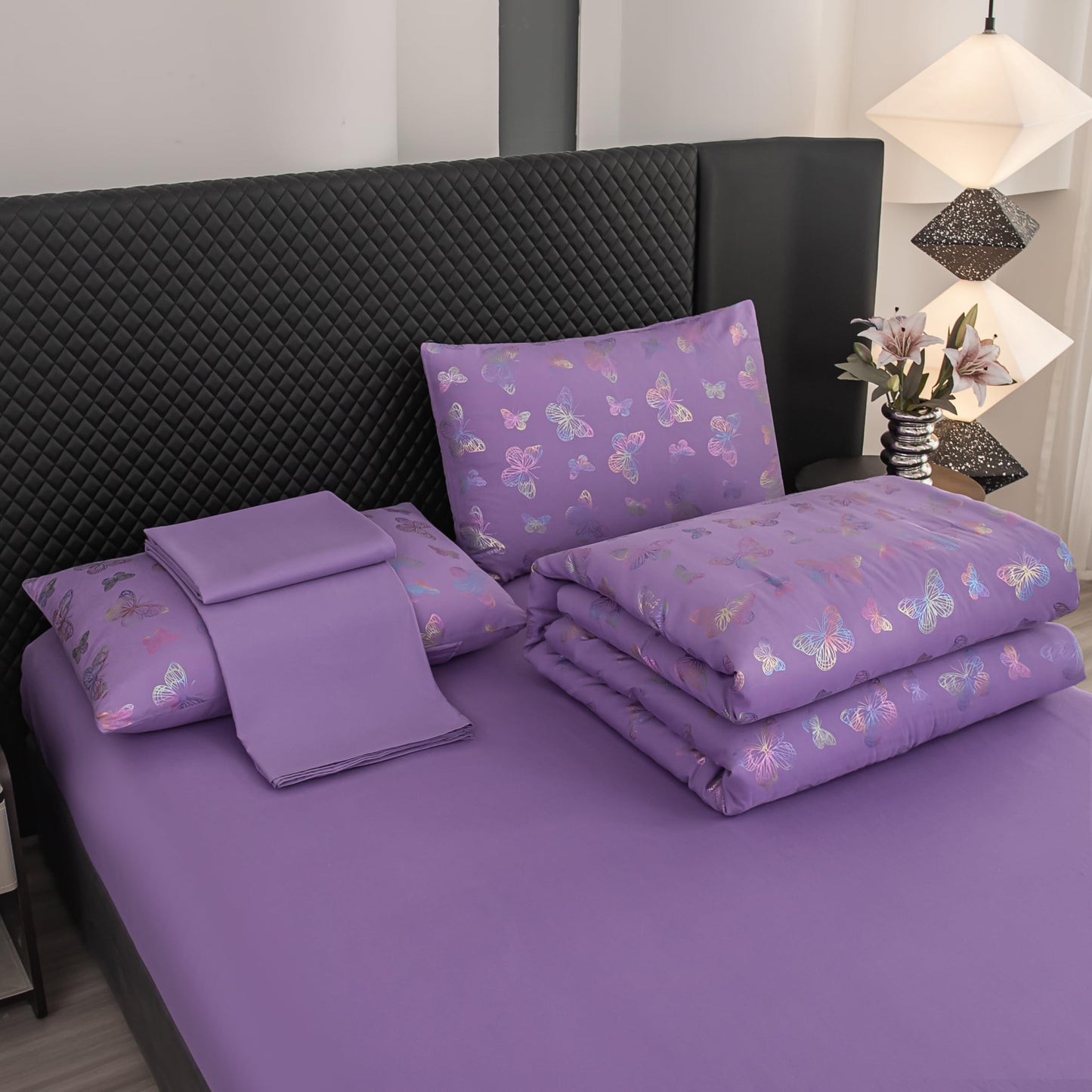 Yadangxiawa Butterfly Comforter Set Twin,Purple Bedding Twin,Purple Comforter Set,Girls Bedroom Comforter Sets(Purples,5PCS)
