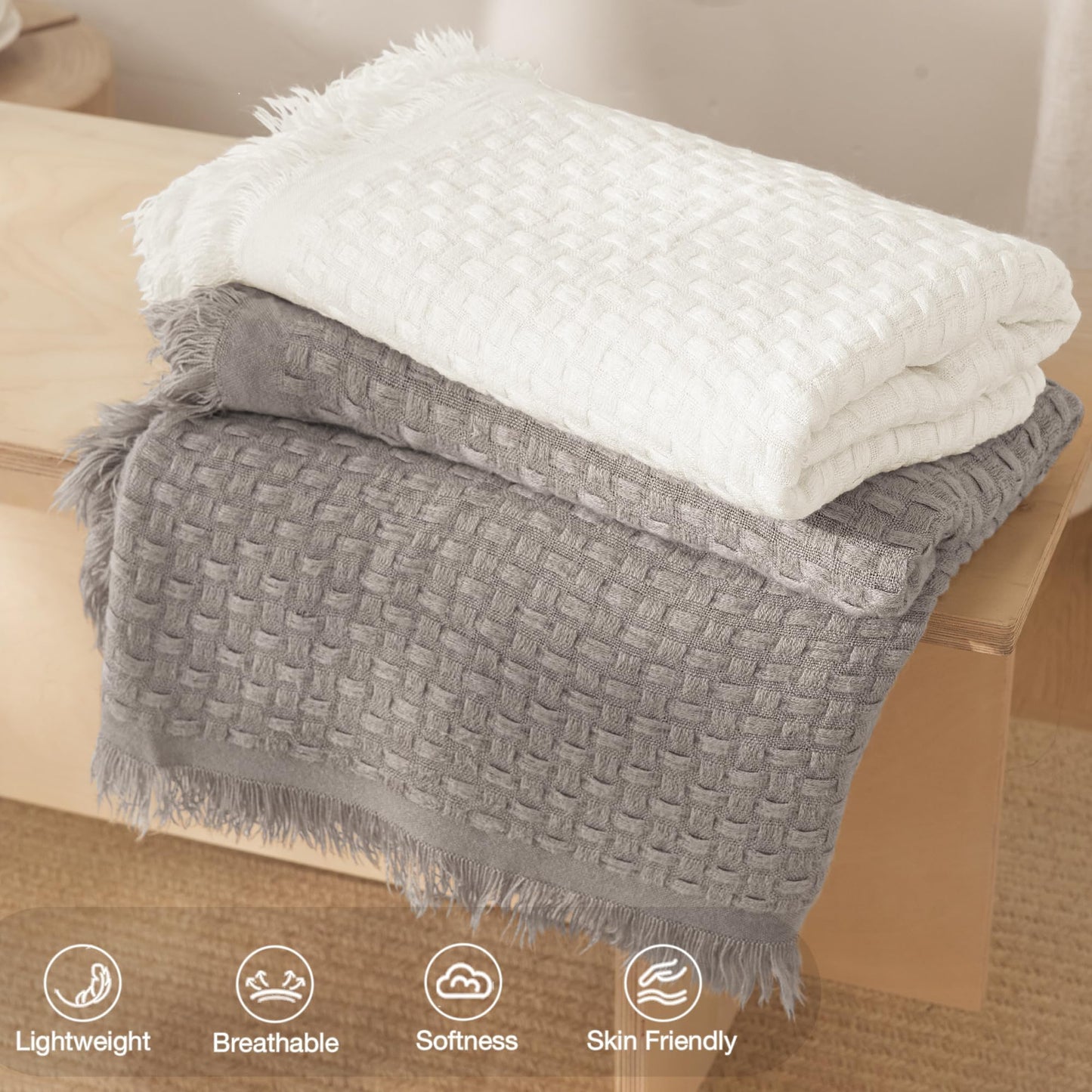 Exclusivo Mezcla Knit Throw Blanket with Fringes for Couch, Reversible Super Soft and Warm Woven Throw for Summer, Home Decor, 50"x60", Ivory