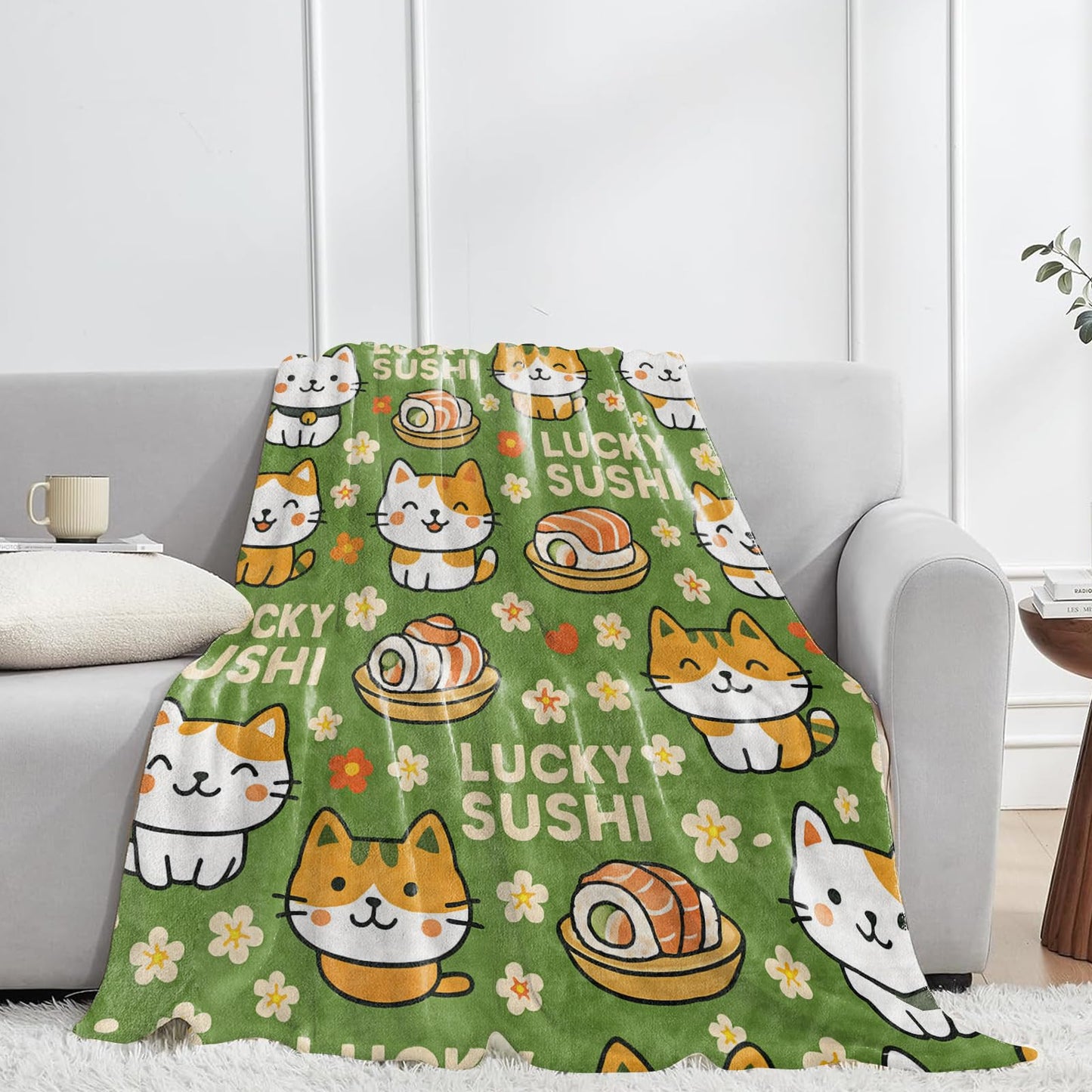 jwyta Sushi and Cat Flannel Blanket,Green Background Throw with Cute Kitten,Japanese Food and Floral,Lightweight Fleece Blankets for Animal Lover,Couch,Cabin,Bed,Camping Decor Gifts,60x50in