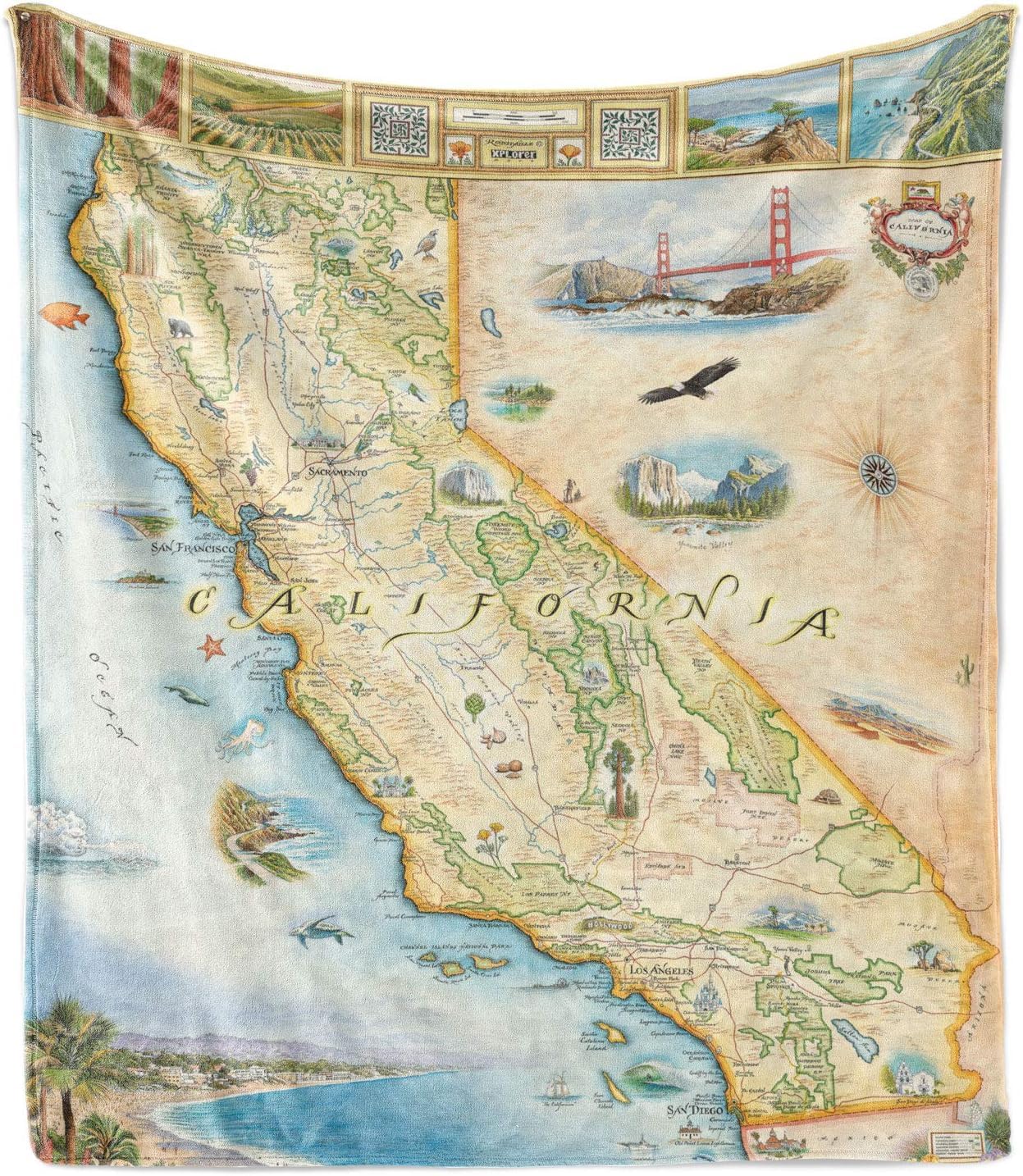 Xplorer Maps California State Fleece Blanket | 58" x 50" Throw Blanket | Hand-Drawn Original Art |