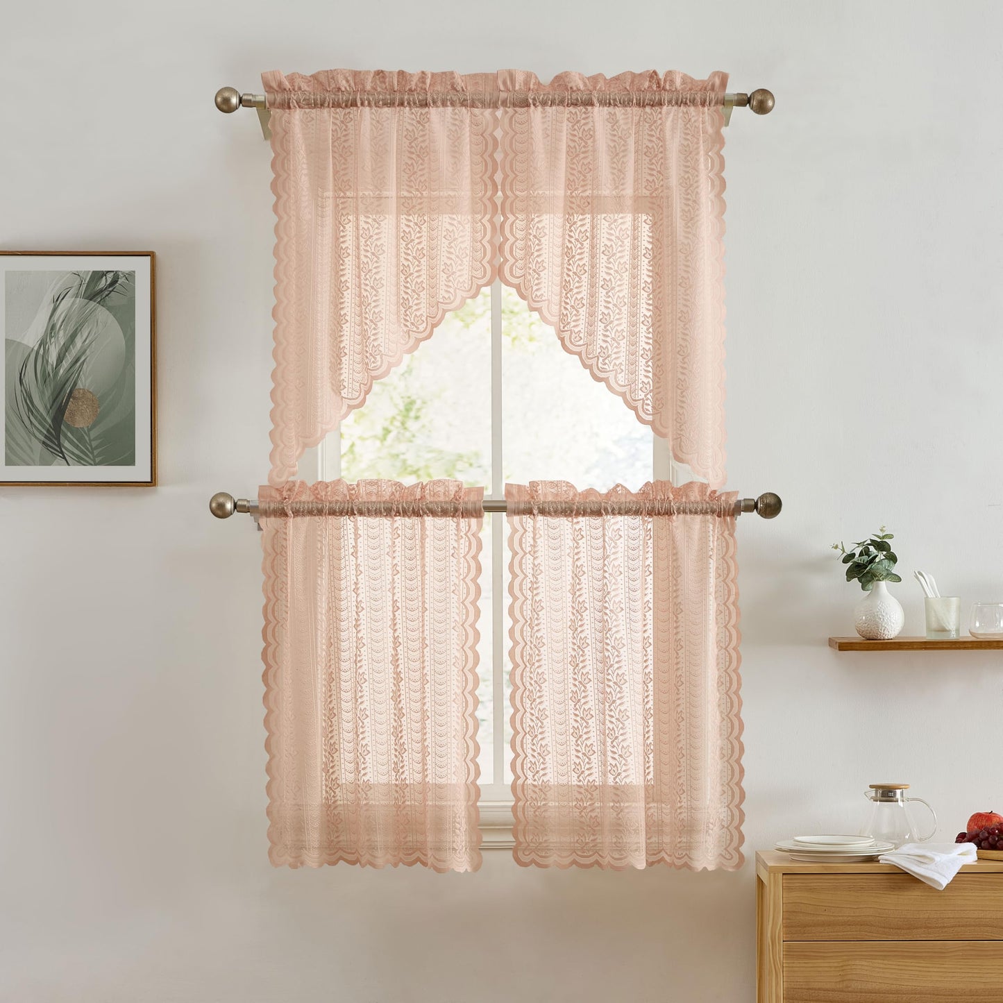 HLC.ME Sophia Floral Rod Pocket Lace Short Cafe Swags for Small Windows - 28 x 36 Inch Length (Blush Pink Swags, Set of 2)