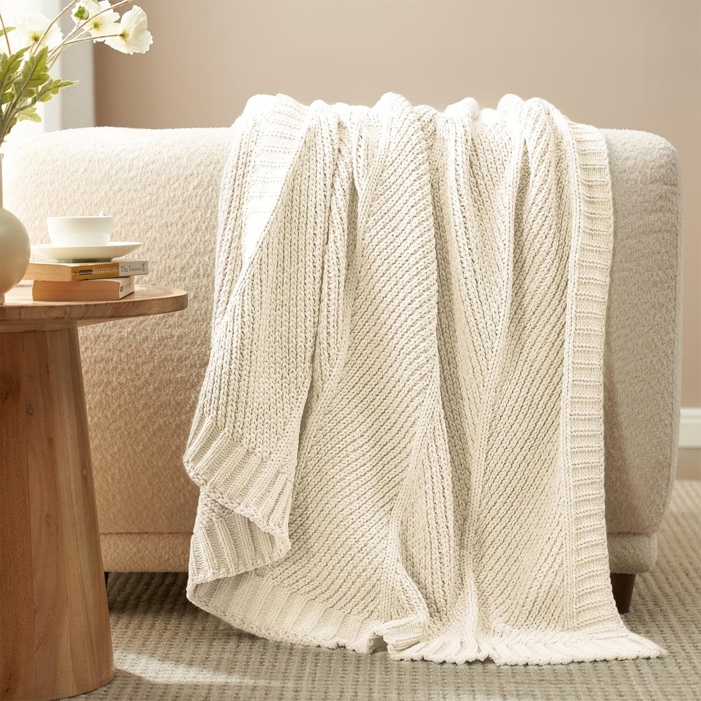 Amélie Home Chenille Knit Throw Blanket Set, Solid Chevron & Two-Tone Blue, Soft Decorative Blankets for Couch & Sofa, 50"x60" 2-Pack