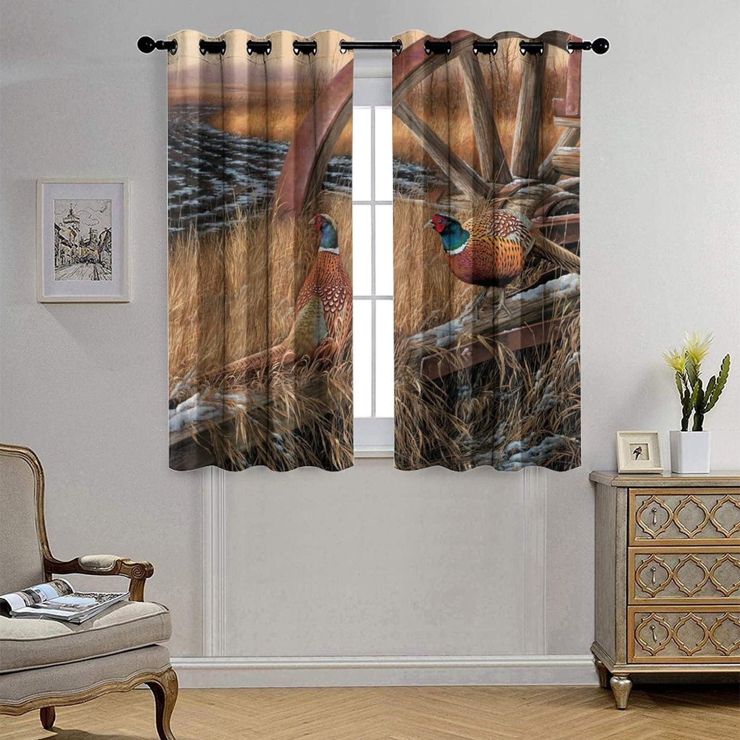 Rustic Pheasants Blackout Curtains - Camouflage Wildlife Pheasants Retro Forest Country Farmhouse Grommet Window Treatment Set Energy Saving Thermal Insulated Drapes for Living Room Nursery,42x45in