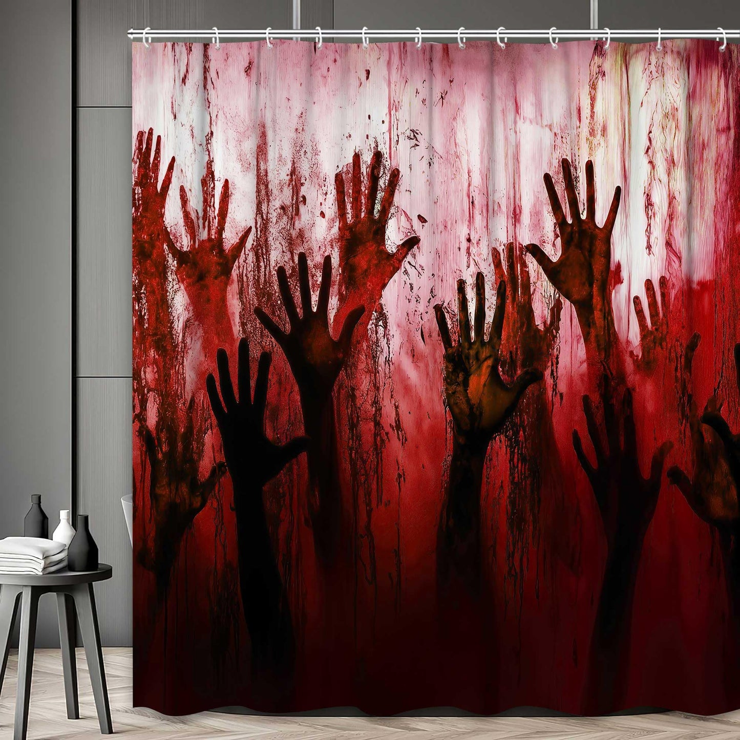 JAWO Spooky Bloody Hand Shower Curtain, Creepy Horror Zombie Handprint Bathtub Curtain, Halloween Themed Bathroom Decor,12pcs Hooks,69X70 in