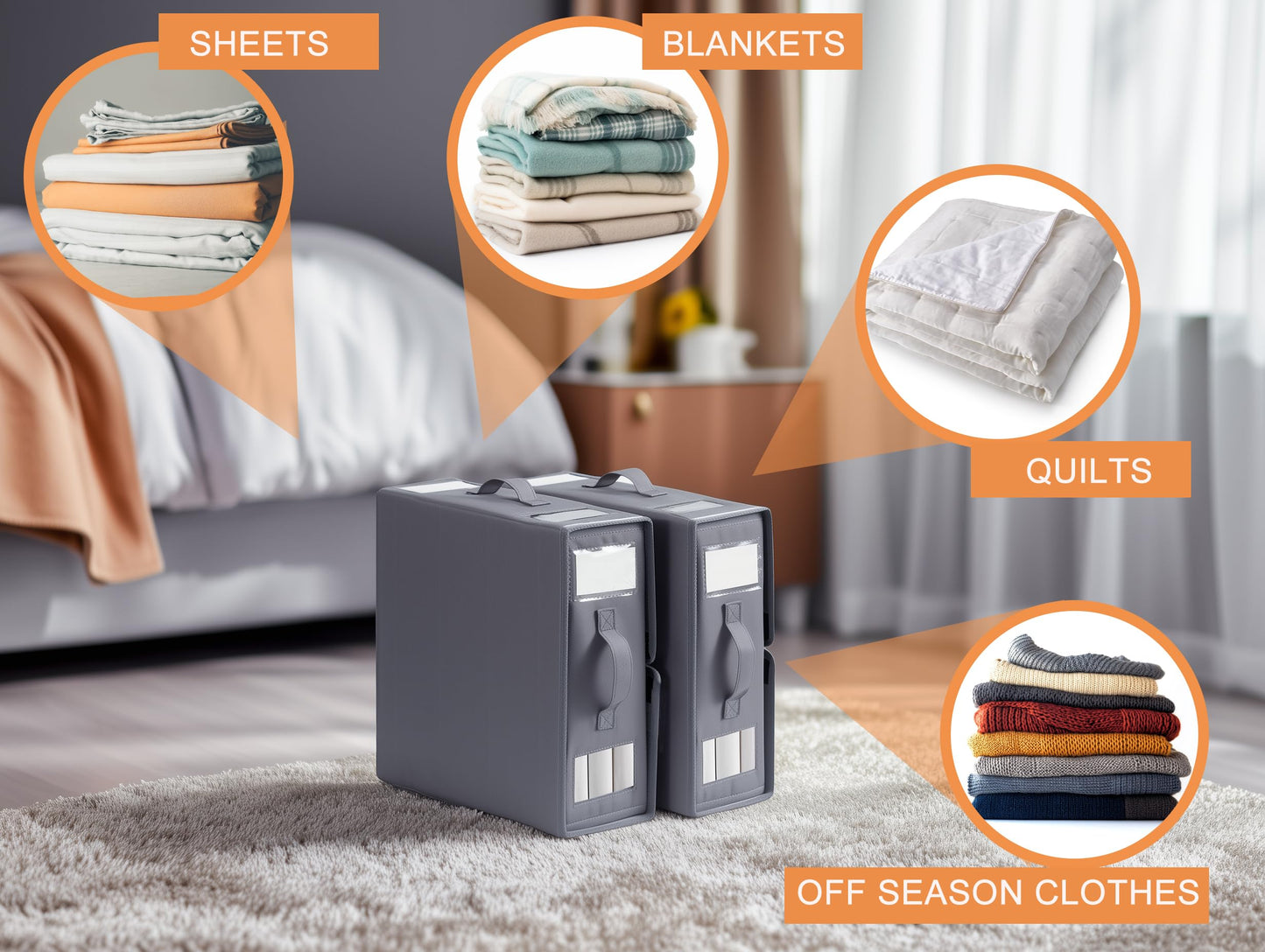 combocube 4 Pack Foldable Bed Sheet Storage Organizer Box for Linen Closet, with Window and Label, King or Queen Size Bedding Storage Boxes, Space Saving Container with Zip for Sheets, Covers, Clothes