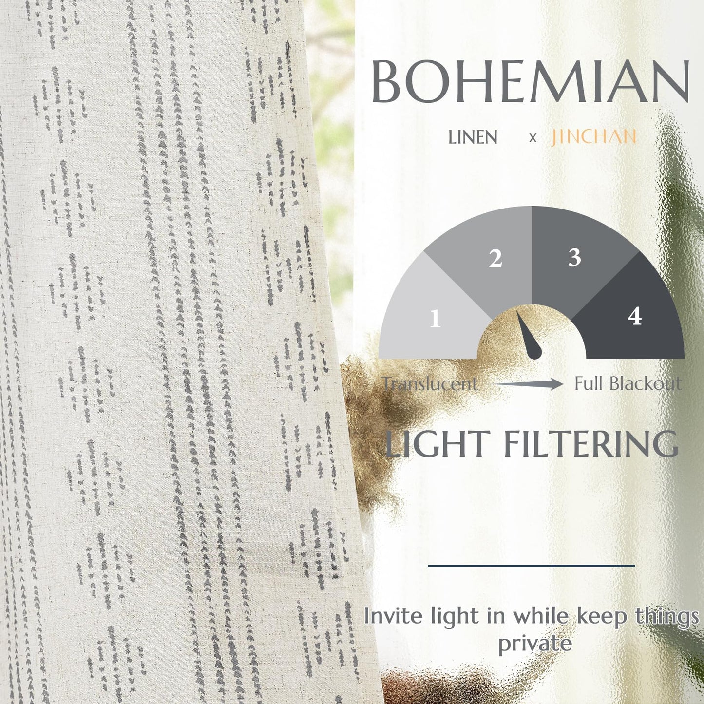jinchan Boho Curtains Linen Blend Drapes for Bedroom Farmhouse Grey Curtains 84 Inches Long 2 Panels for Living Room Geometric Striped Window Window Treatment Set Rod Pocket Grey on Beige