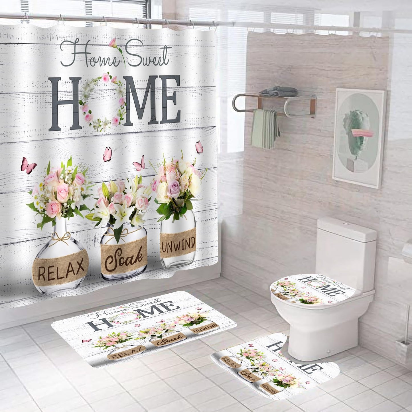 ALEXEX 4 PCS Pink Roses and Lilies Shower Curtain Sets,Home Sweet Bathroom Set with Shower Curtain and Rugs and Accessories,Farmhouse Country Shower Curtain Bathroom Decor with 12 Hooks,72 X 72 Inches