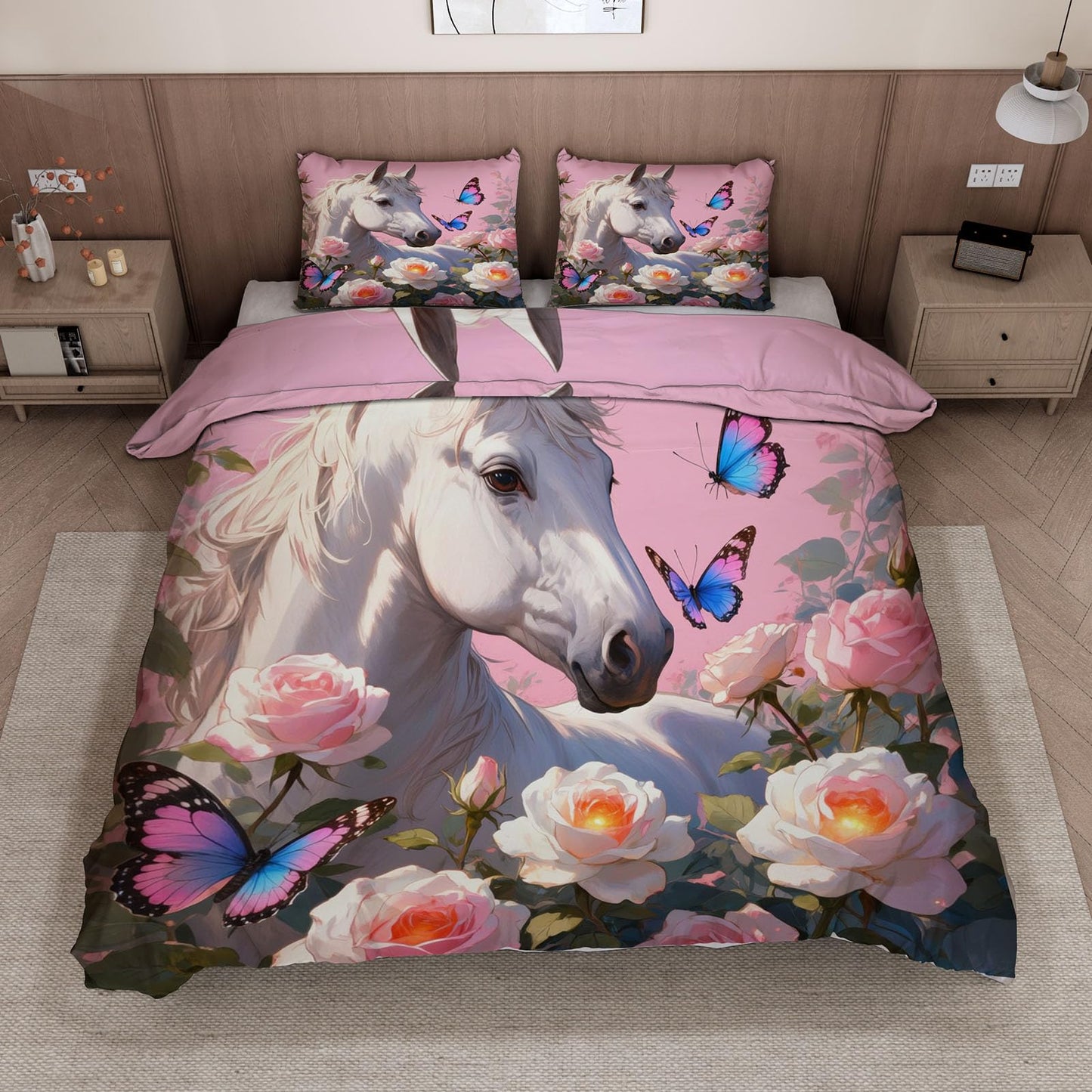 3D Horse Duvet Cover King Size 104x90in Soft Breathable Microfiber Butterfly Flower Bedding Set Zipper Closure Reversible Comforter Cover 3 Pieces with 2 Pillow Shams (WJT 23-3)