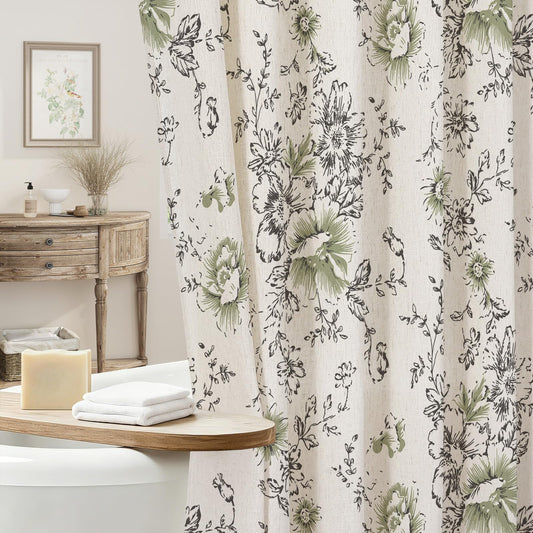 Craidlela Farmhouse Floral Shower Curtain, Black Linen Shower Curtains, Vintage Cottagecore Shower Curtain for Bathroom, Tan Taupe, 72x72