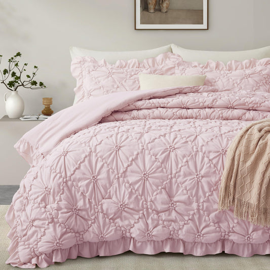 BEDAZZLED King Size Comforter Sets, Pink Bedding Comforter Set, 3 Pieces Pinch Pleat Bedding Sets with Comforter and Pillowcases Soft Farmhouse Shabby Chic Comforter for All Seasons