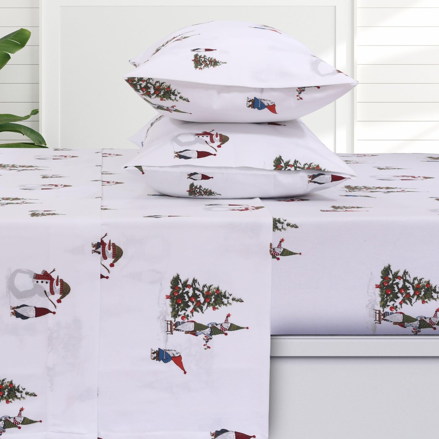 Tribeca Living Ultra Soft Turkish Cotton Flannel Queen Sheet Set with Extra Deep Pocket, 100% Cotton Flannel Sheets 4 Piece Set, Gnomes 170-GSM
