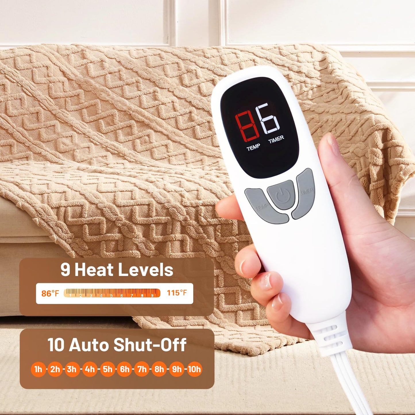 Heated Blanket Electric Queen Size - 84"x90" Electric Blanket with Dual Control, 9 Heat Levels and 1-10 Hours Timer, Soft Jacquard Fleece & Sherpa Washable, Great Gift Idea - Beige