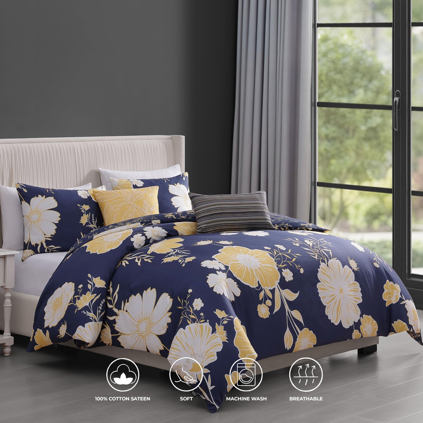 Bebejan Sunglow 5 Piece Comforter Set, 100% Cotton Sateen, 220 Thread Count, Blue Reversible Bedding Comforter Set, 1 Comforter, 2 Shams & 2 Pillows (King/Cal King)