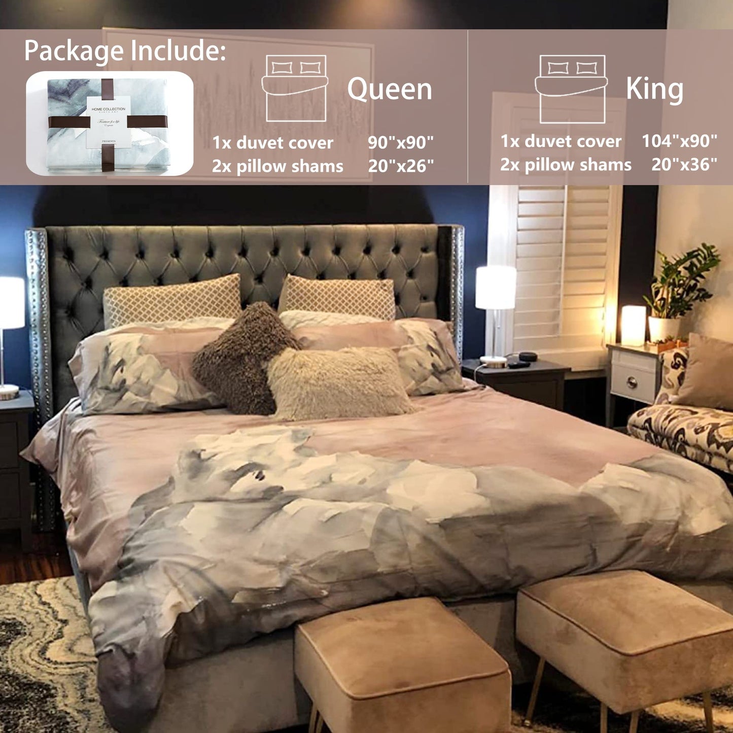 MILDLY 100% Long-Staple Cotton Duvet Cover Queen, Gray Pink Marble Pattern Comforter Cover Set 500TC Watercolor Abstract Reversible Soft & Breathable