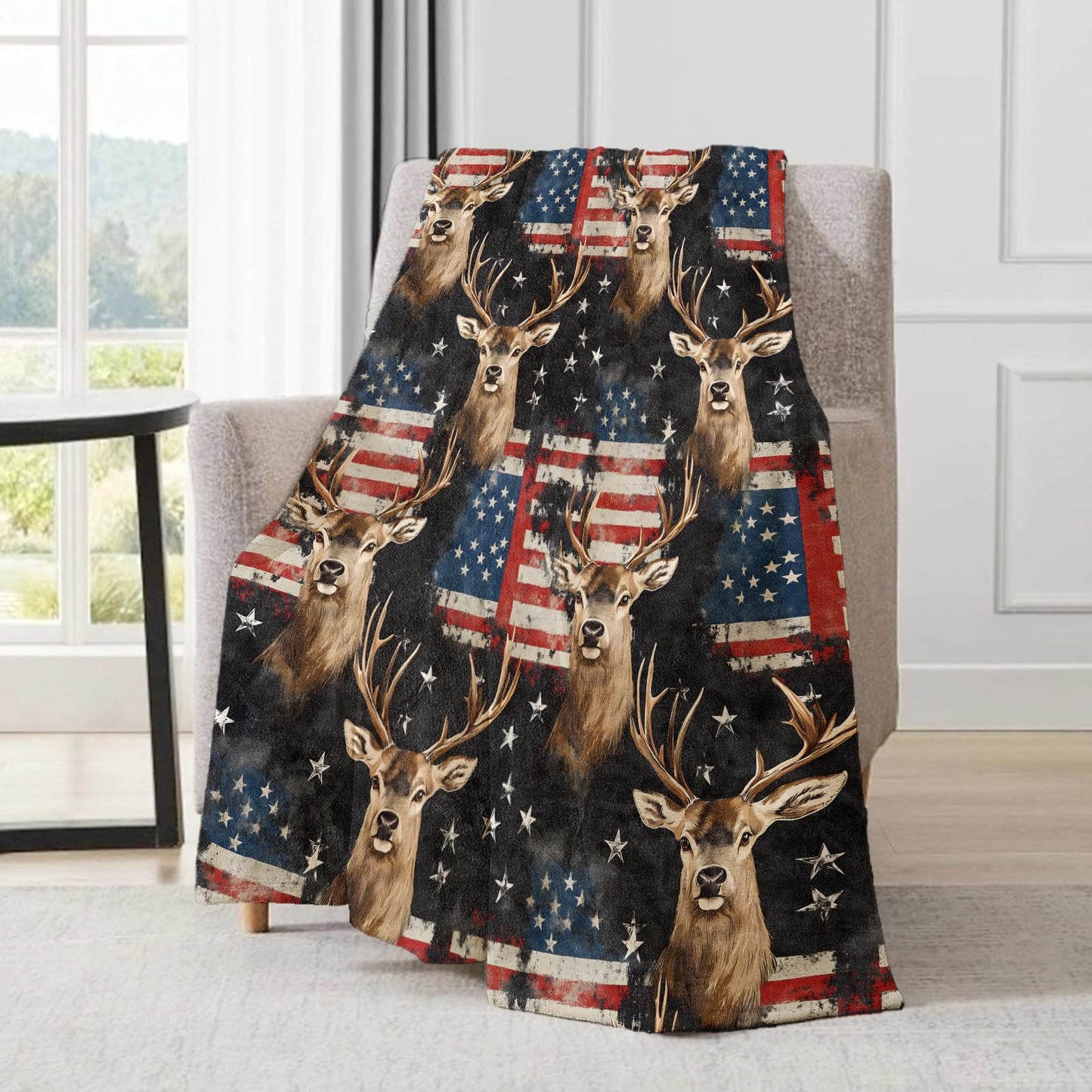 ainori Patriotic Deer Blanket - American Flag Stars and Stripes Fleece Throw,Gifts for Kids Adult, Soft & Warm,Lightweight, for Modern Rustic Decor, Wildlife Lovers, and Room Home Accents 50x60in