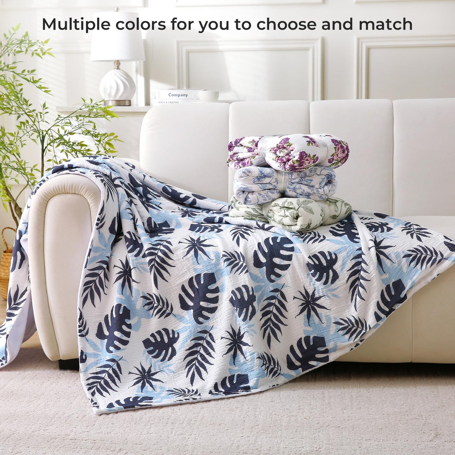 Muslin Blankets for Adults Reversible Throw Fleece & Gauze, Soft Cozy Lightweight Breathable Floral Blanket for Bed Couch, Double Layer Muslin Purple Rose Throw Cover 90"x90"