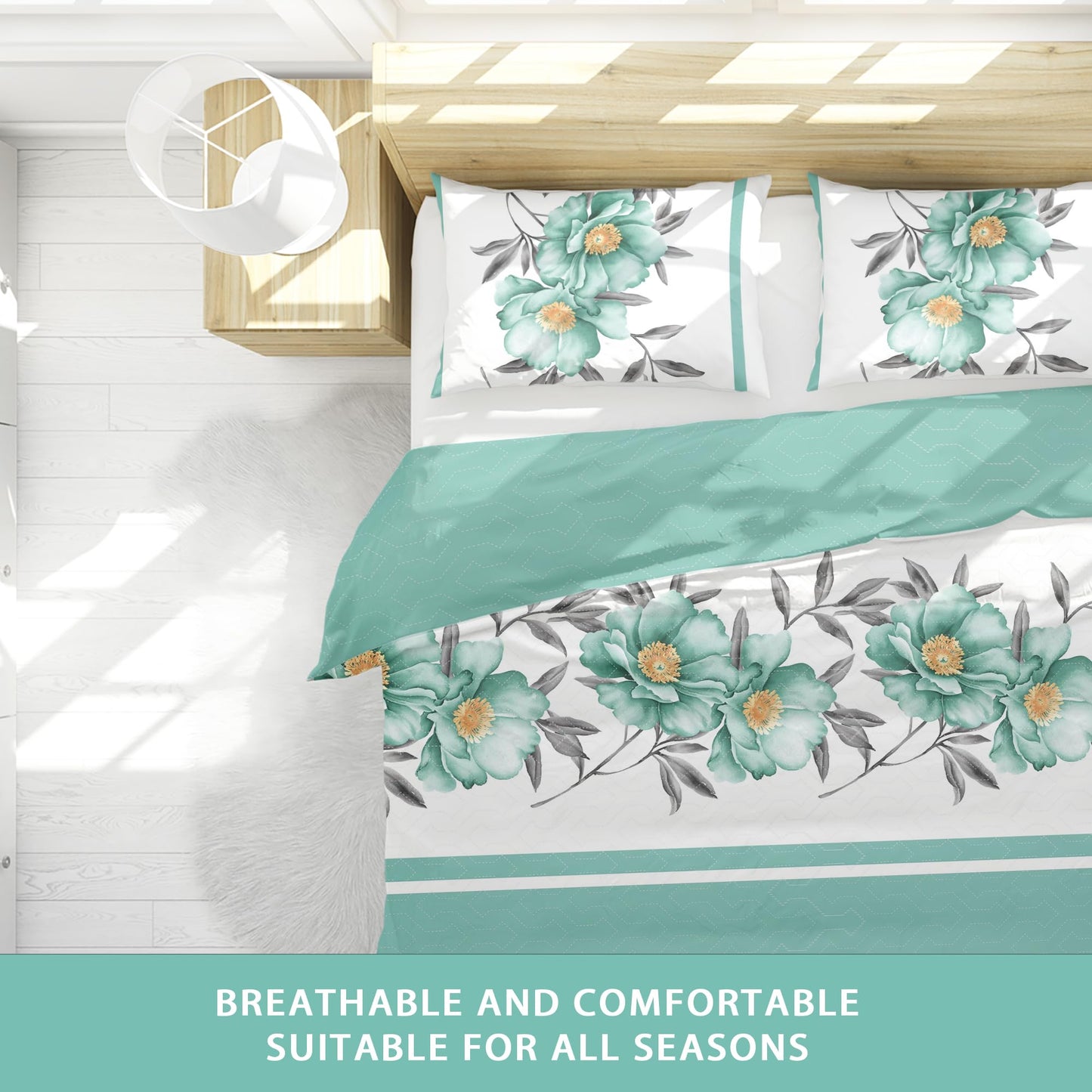 Deepsleep King Bedspread Set 9 Pieces, All Season Luxury Bed in a Bag for Bedroom, with 2 Pillowcases and 6 Curtains, Ultra-Soft Microfiber for Complete Bedroom Decor, Green Rose