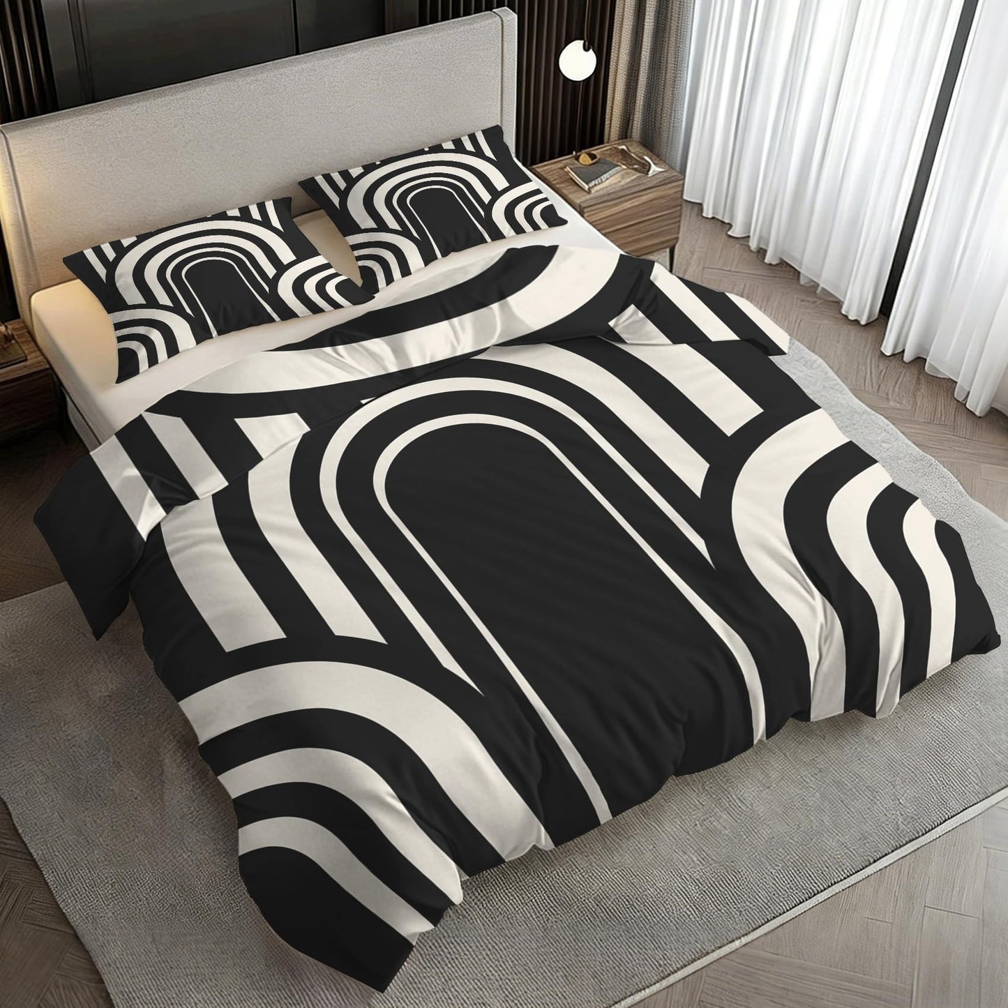Mid Century Modern Duvet Cover Twin Size, Boho MCM Bedding Set 2 pcs with 1 Pillow Cover, Black and White Geoemtric Bedroom Decor, Soft Microfiber Reversible, Zipper & Ties KJJT 106