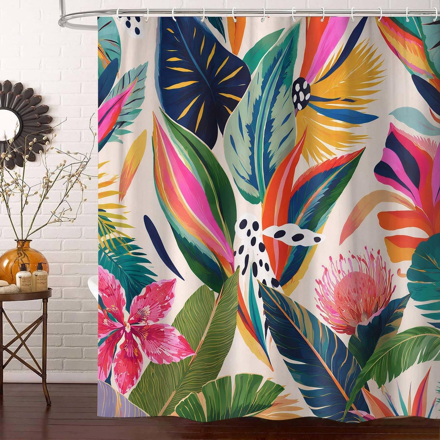 Hjokiupt Colorful Floral Shower Curtain, Boho Abstract Art Modern Asthetic Plant Leaf Bathroom Curtains, Waterproof Polyester Fabric Accessories Bath Curtain with Hooks 72x72 Inch