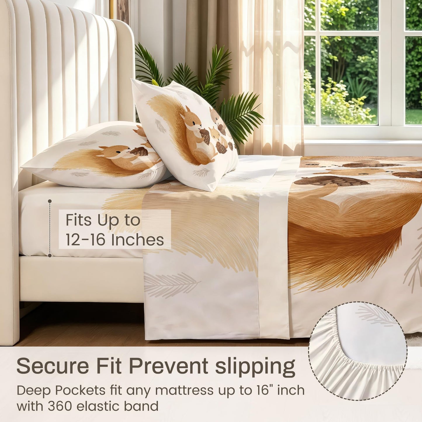 Squirrel Twin Bedding Set Cute Animal Sheet Sets, Beige Brown