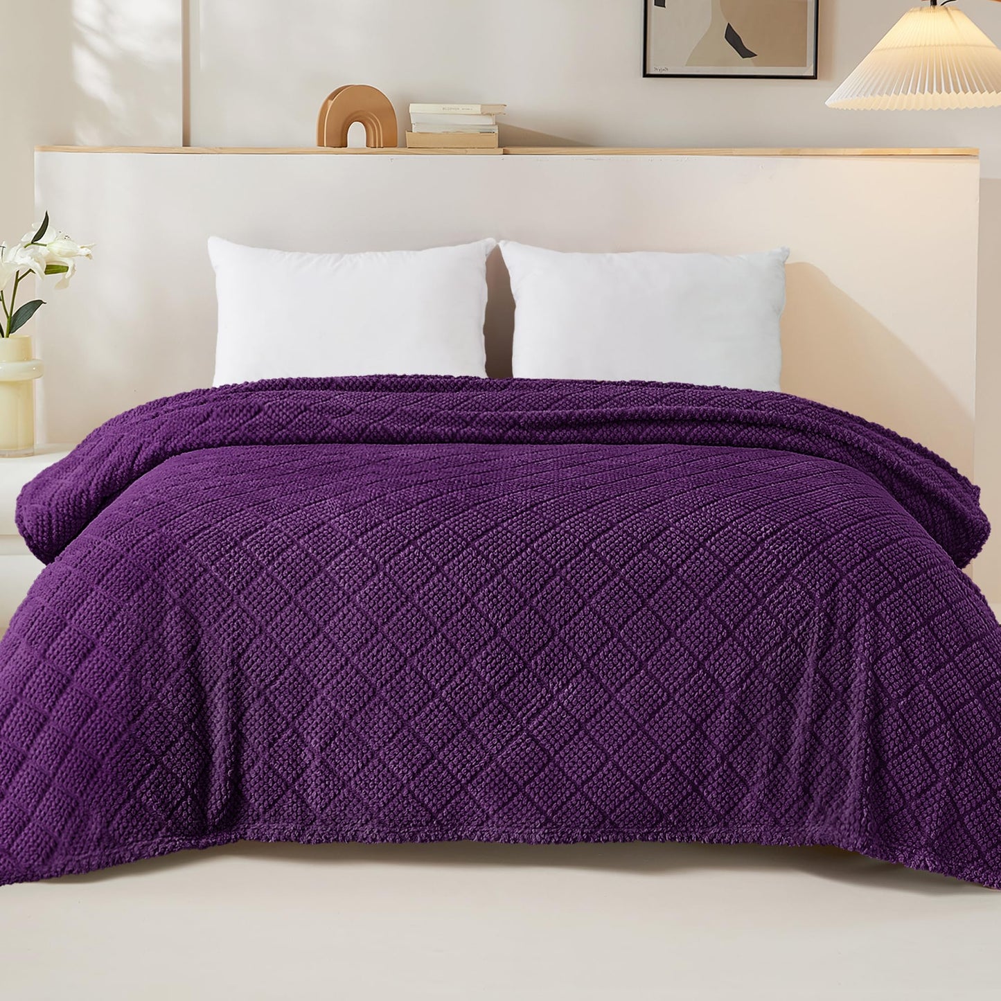 Whale Flotilla Fuzzy Fleece King Size Blanket for Bed, Soft Fluffy Jacquard Waffle Blankets for All Season, Lightweight and Cozy, 90x104 Inch, Purple