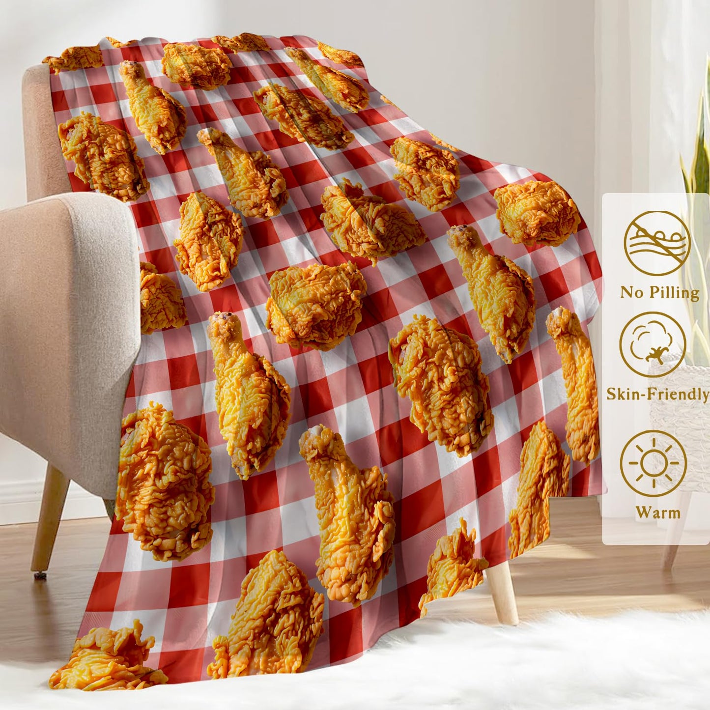 ainori Fried Chicken Feast Flannel Blanket - Fun and Tasty Food Pattern on Checkered Throw,Playful Gifts for Adult, Ultra Soft & Warm,Lightweight,for Couch Bedroom Living Room Decor 50x60in
