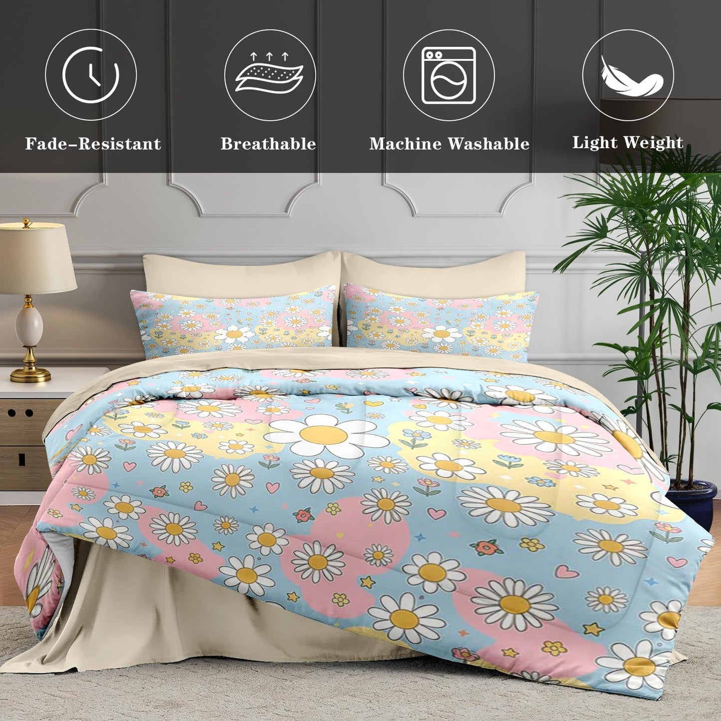 WeCozy 5 Pcs Twin Size Comforter Set with Pillowcase & Sham, Daisy Floral Bedding Set for Kids and Adults, Retro Hippie Whimsical Bed in a Bag with Flat Sheet and Fitted Sheet