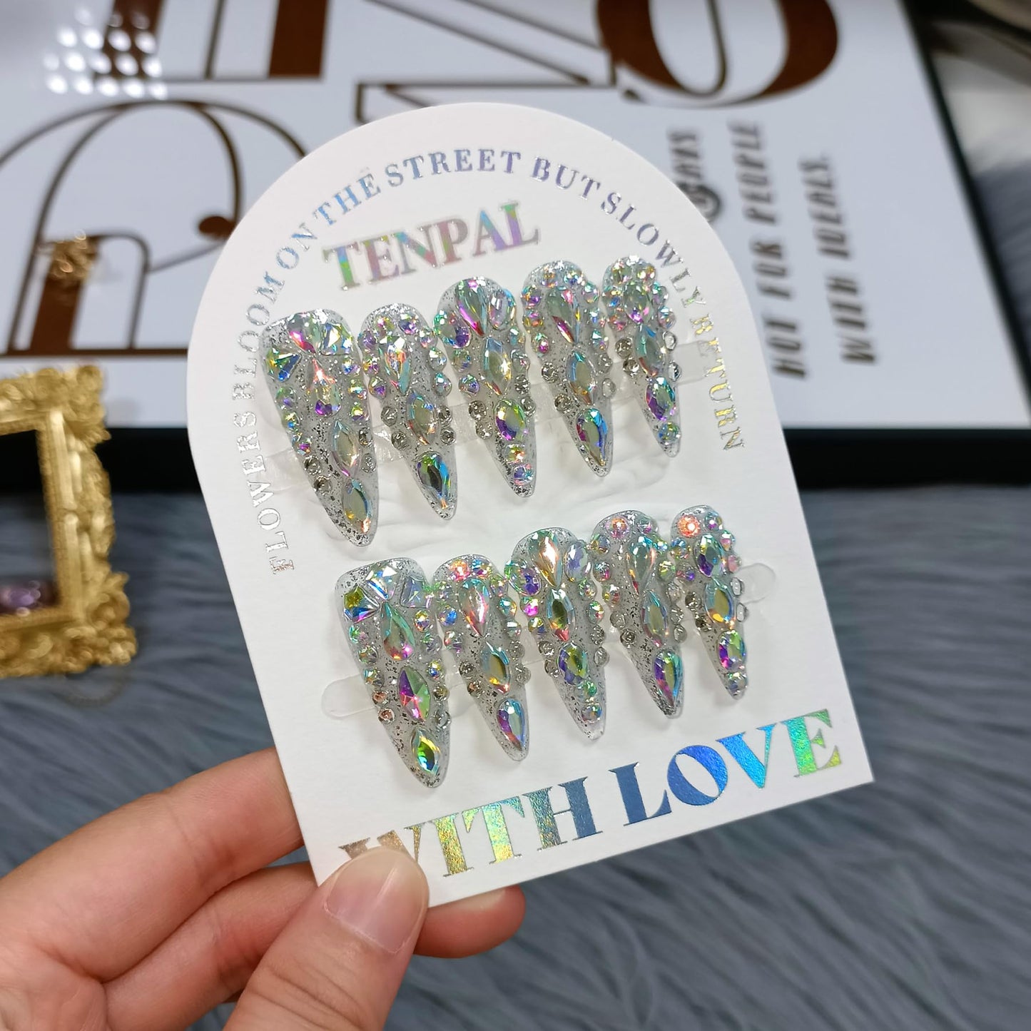 TENPAL 10Pcs Luxury Press On Nails Long Stiletto,Full Cover Crystal Glitter Fake Nail Set with Tools,Reusable Bride Wedding Nails for Bridal Party Bachelorette,Statement Making Glamorous Nail(XS)