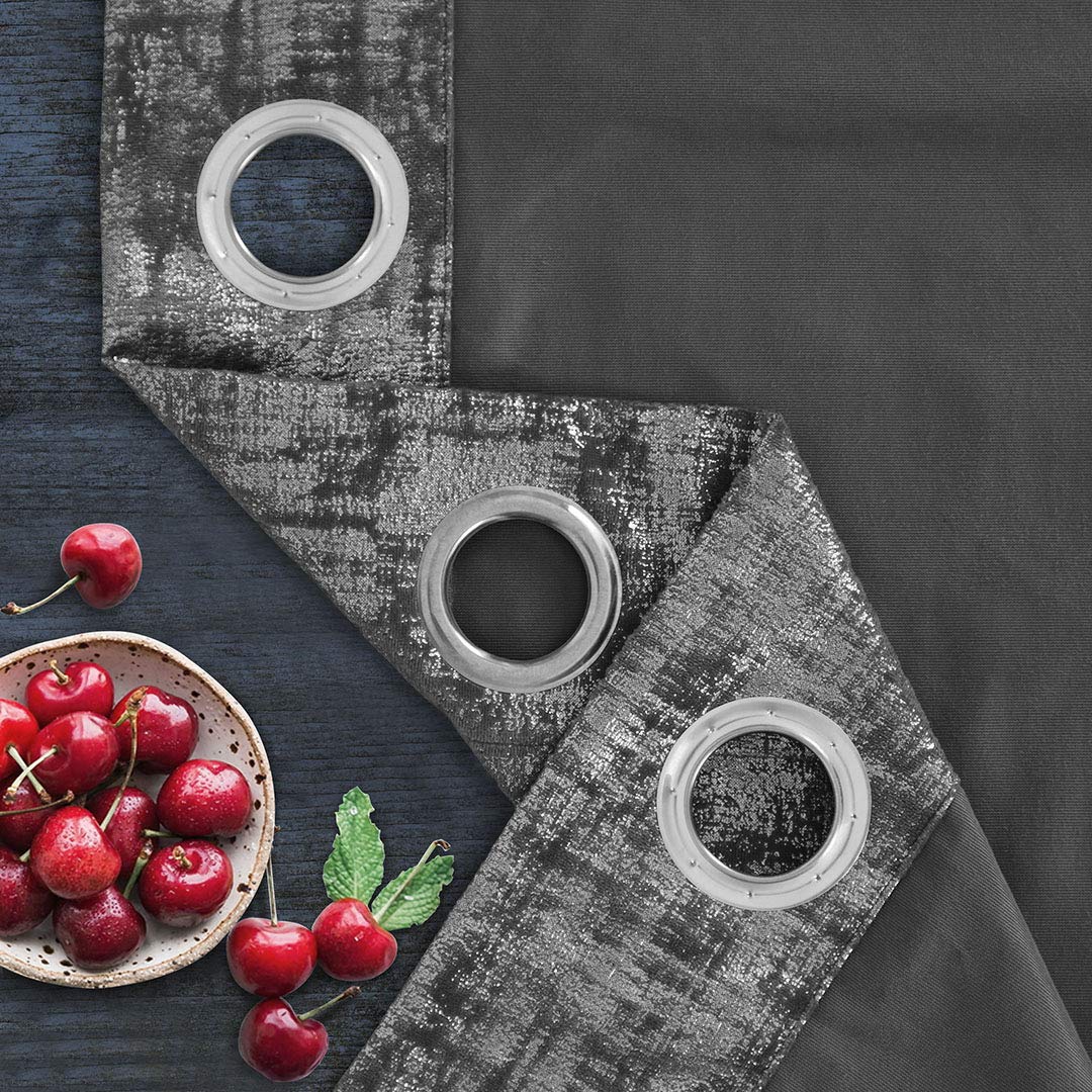 always4u Soft Velvet Curtains 95 Inch Length Luxury Bedroom Curtains Silver Foil Print Window Treatments for Living Room Set of 2 Charcoal Grey