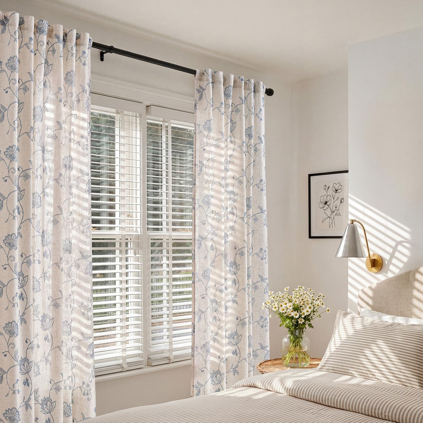 jinchan Linen Curtains Floral Curtain 84 Inch Length for Living Room Bedroom Light Filtering Rod Pocket Back Tab Jacobean Curtains Flax Linen Texture Window Drapes Set 2 Panels Blue on Linen