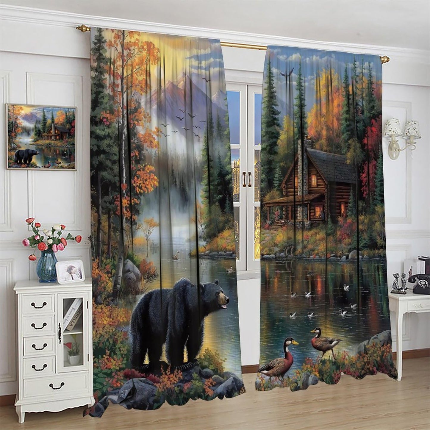 LOMADIA Rustic Bear Blackout Curtains, Retro Forest Animal Lake Wildlife Pattern Drapes, Country Cabin Farmhouse Window Treatments Curtain for Kitchen Bedroom Living Room Home Decor 42" W x 45" L
